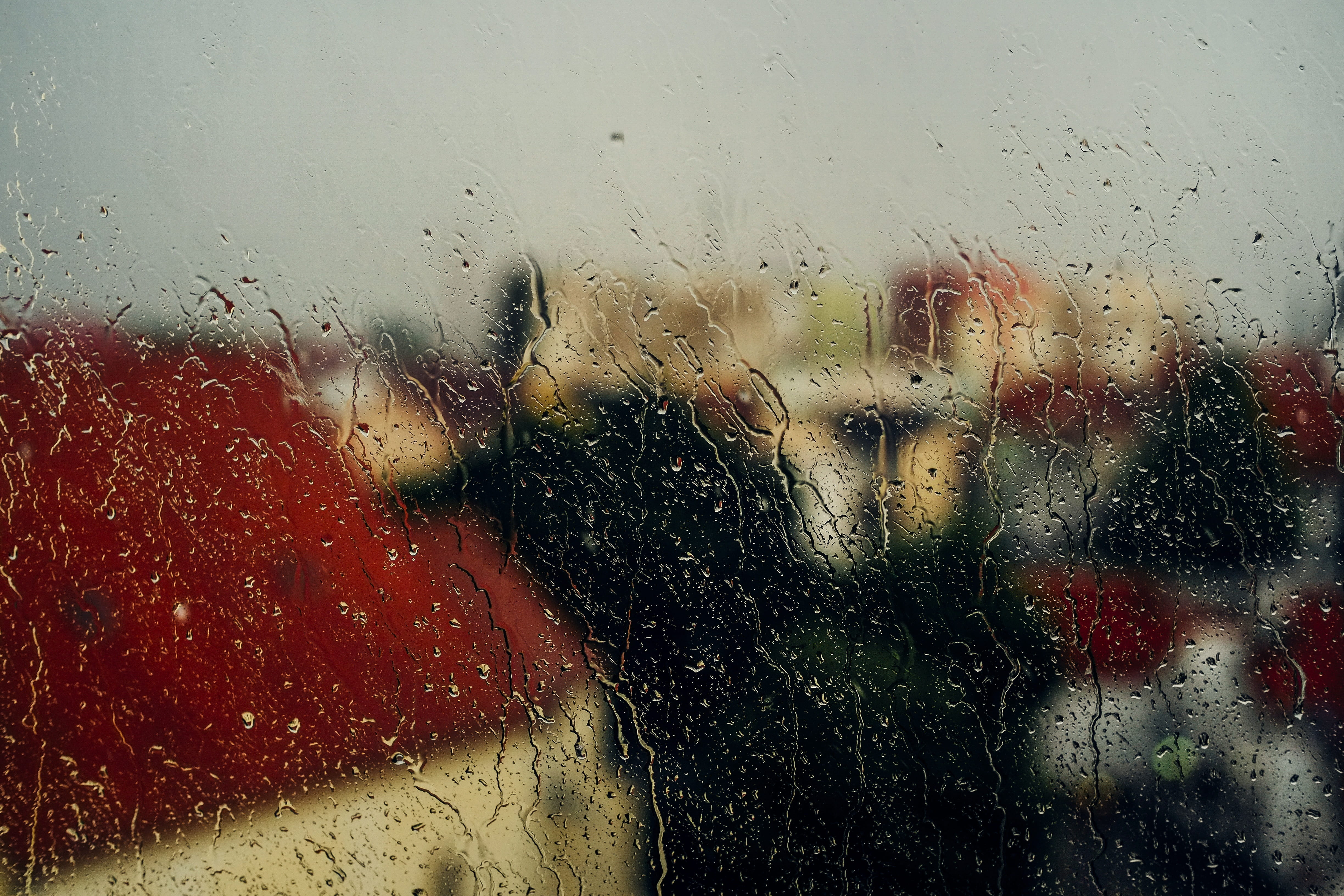 aqua, focus on foreground, Window, close-up, looking through window, raindrop, red, clear, liquid, wet, city, landscape, transportation, water, full frame, HD Wallpaper