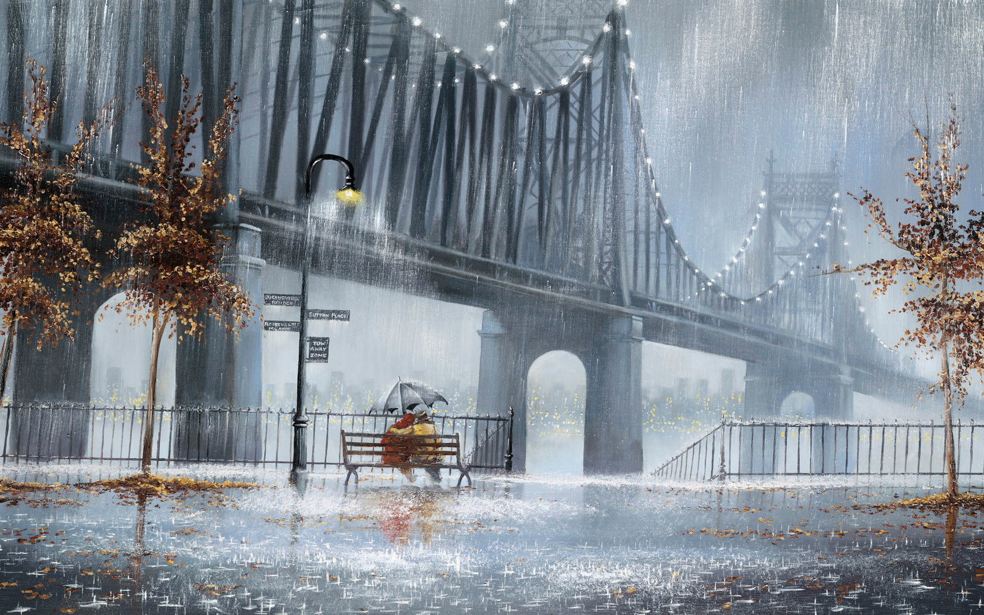 autumn, fall, bridges, rowland, scenic, jeff rowland, storm, artistic, 1080P, wet, people, art, rain, seasons, paintings, HD Wallpaper