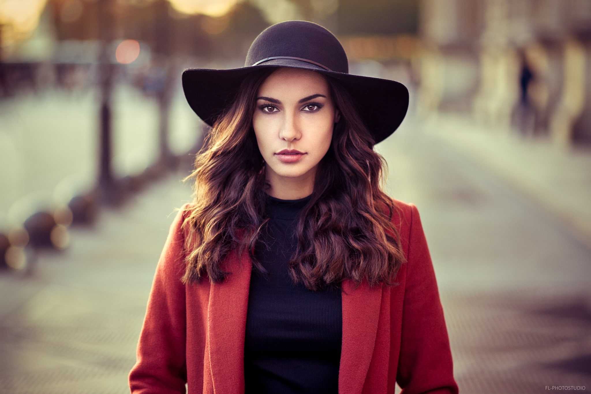 long hair, beauty, warm clothing, standing, adult, depth of field, hairstyle, red coat, front view, women, young adult, brunette, real people, focus on foreground, HD Wallpaper