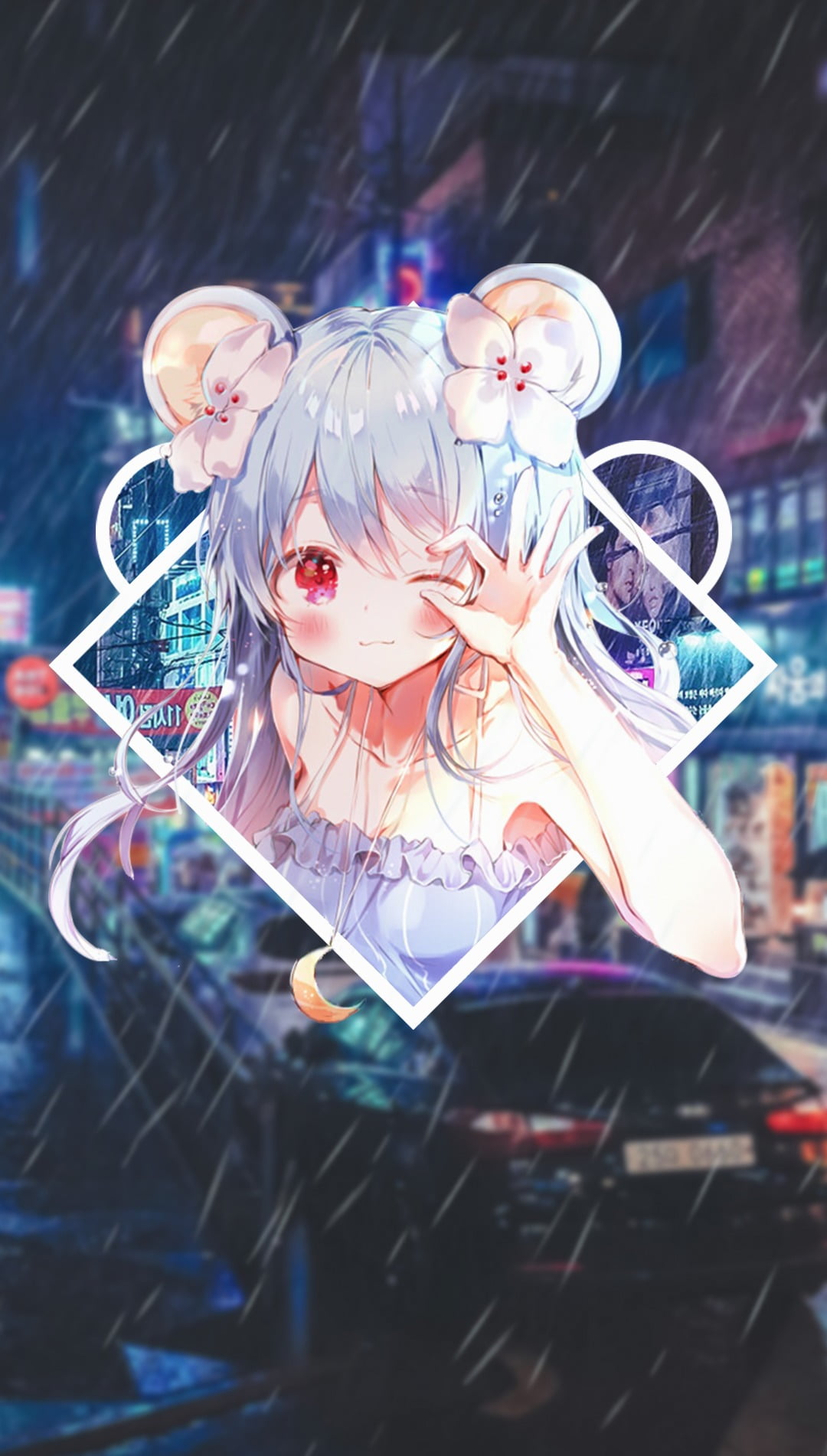 road, anime, females, men, togetherness, lights, night, celebration, architecture, males, anime girls, blue hair, happiness, rain, winking, South Korea, Phone HD Wallpaper