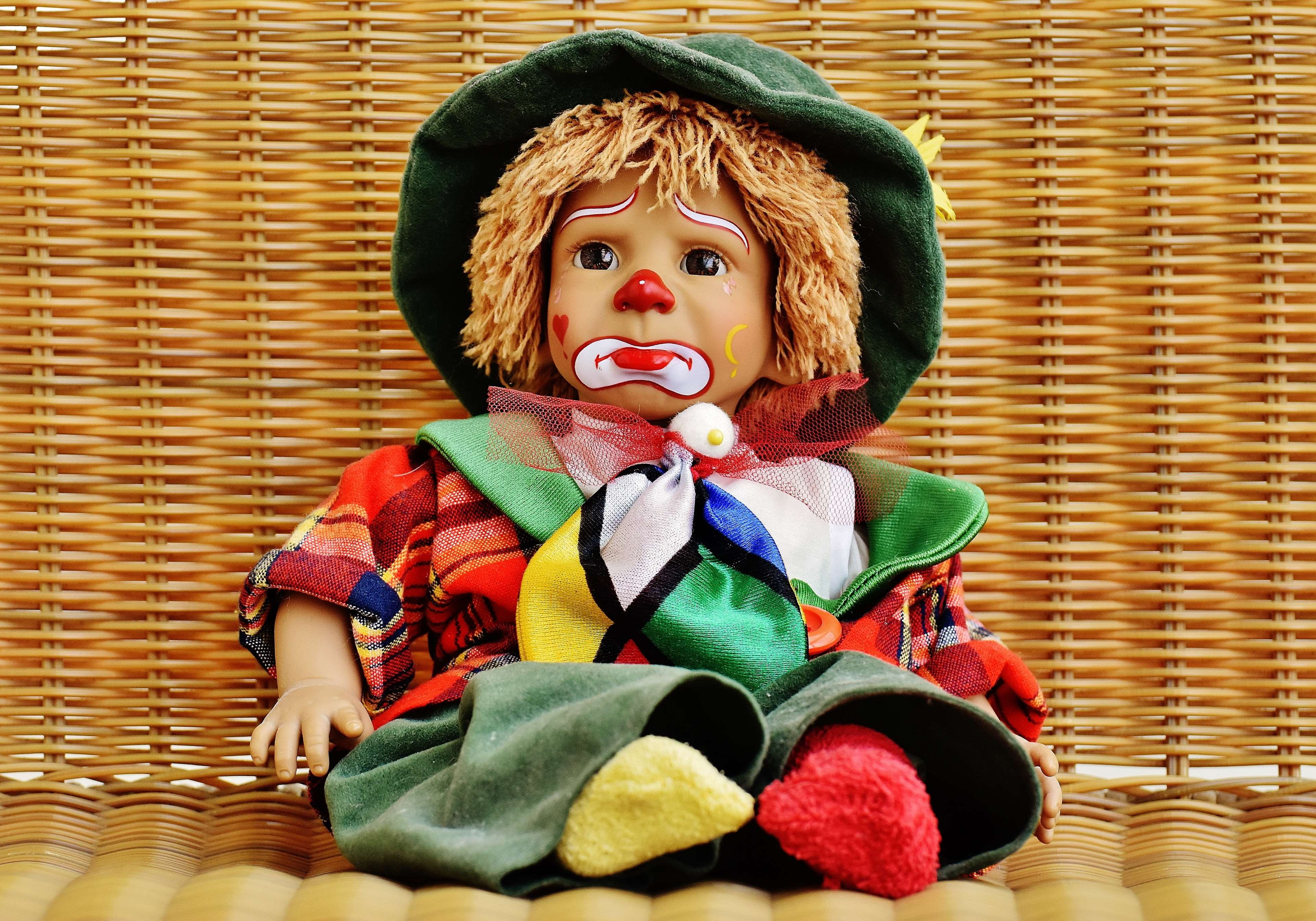 looking at camera, clown, human representation, creativity, childhood, toy, day, cute, multi colored, sad, home interior, male likeness, portrait, sweet, HD Wallpaper