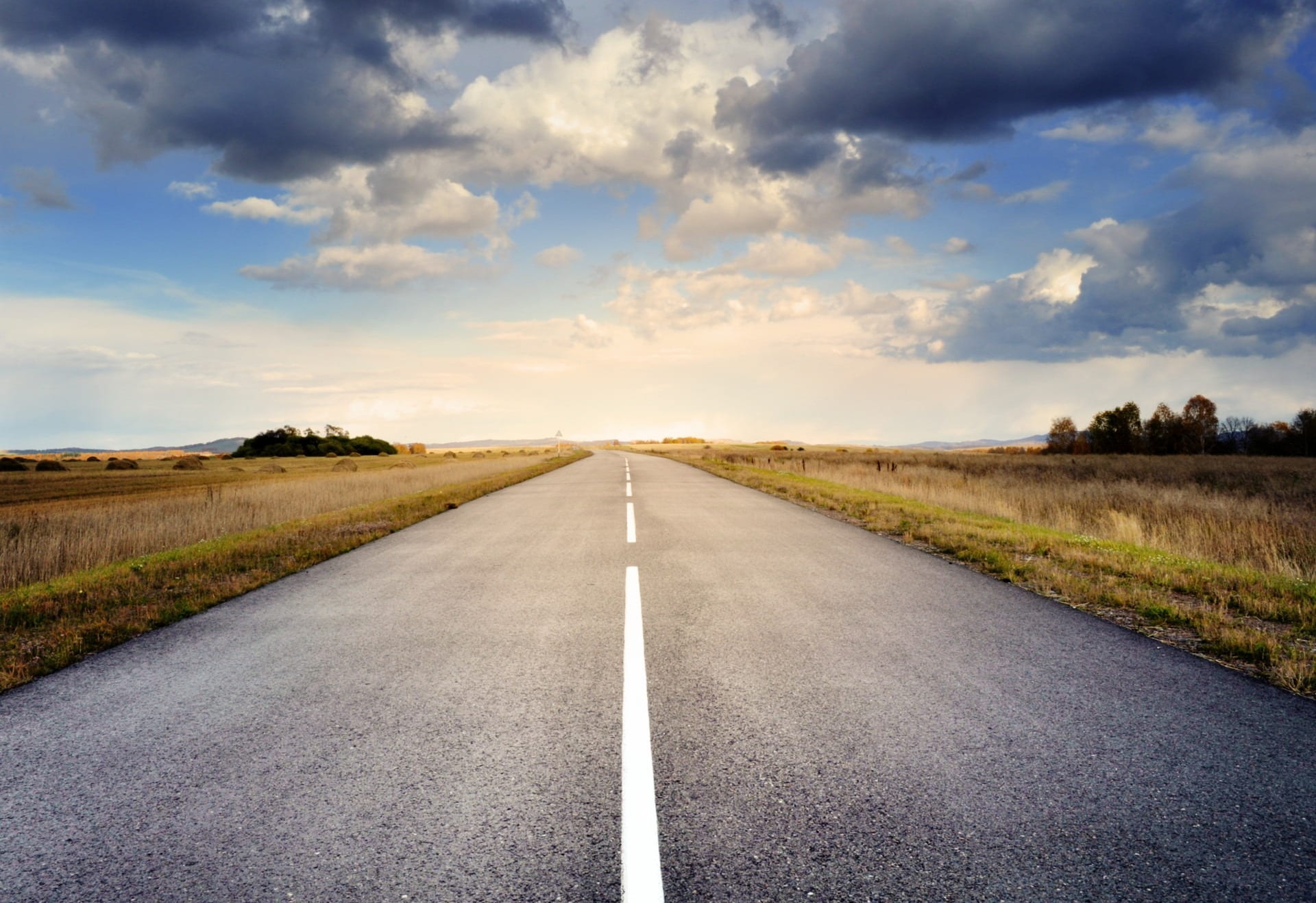 gray, fall, sign, straight, outdoors, asphalt, field, road, the way forward, transportation, landscape, tranquil scene, 1080P, cloud - sky, space, sky, HD Wallpaper