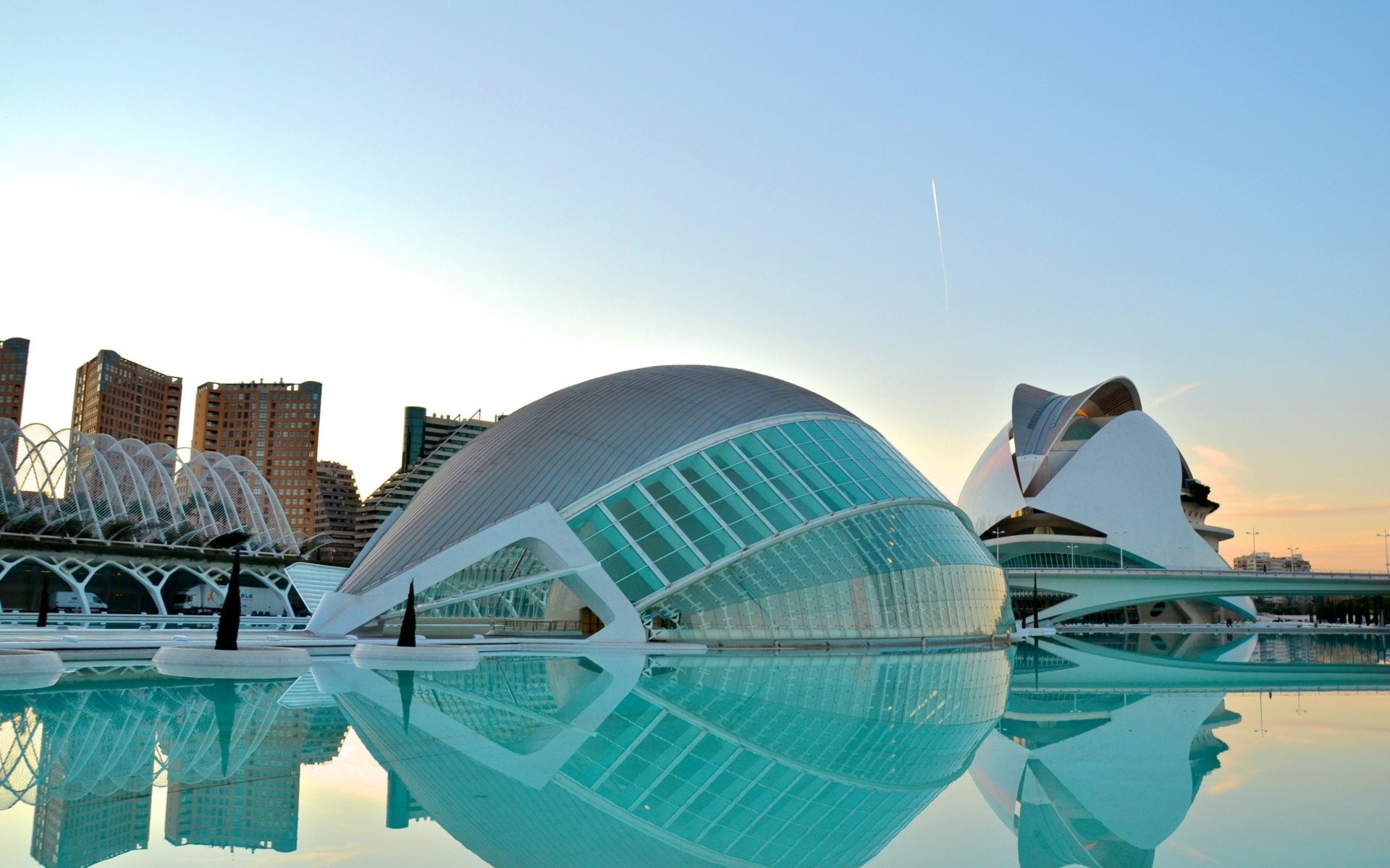 Jet, Hemispheric, City, 1080P, City Of Arts And Sciences, Airplane, Valencia, Spain, Buildings, Reflection, HD Wallpaper
