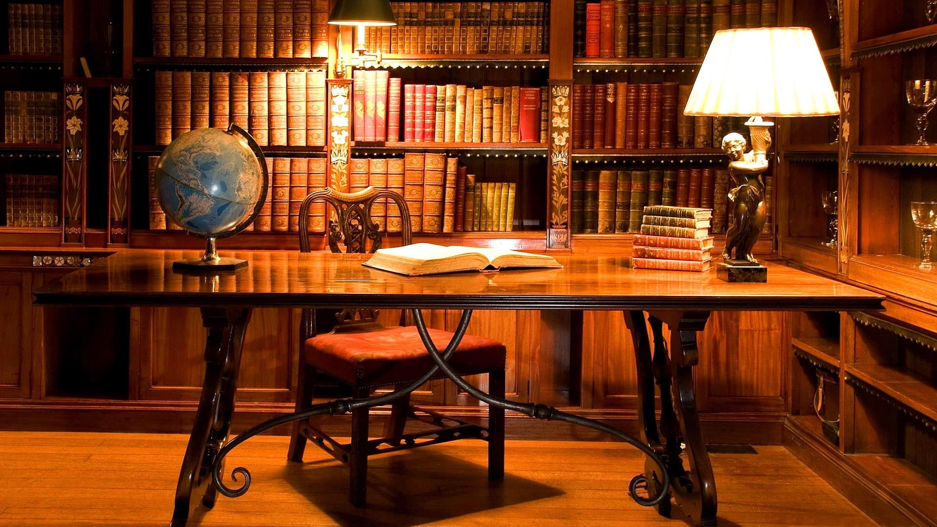 electric lamp, seat, furniture, 1080P, wood - material, studying, interior design, publication, no people, wood, chair, shelf, book, antique, globe - man made object, HD Wallpaper