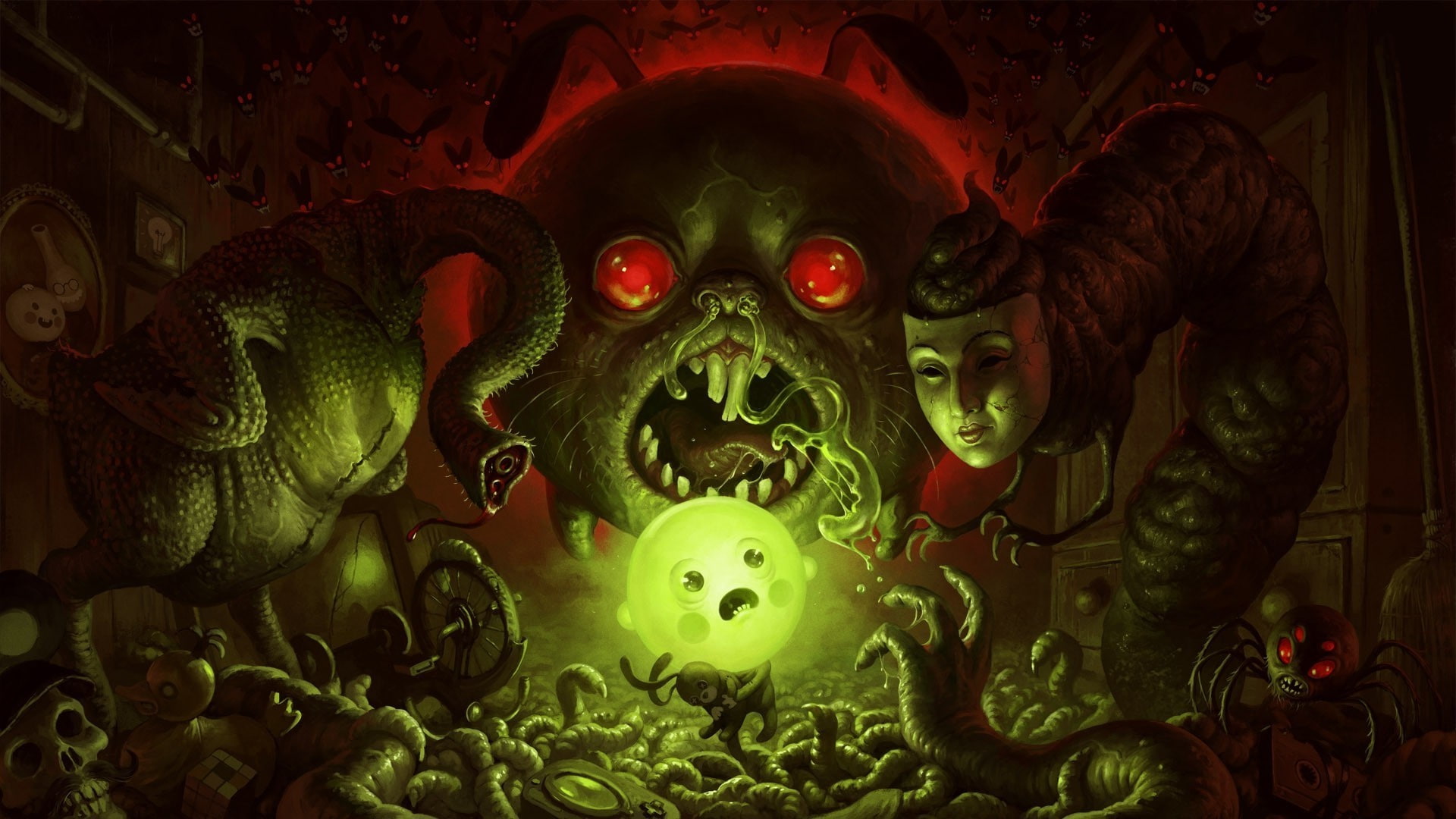 celebration, spooky, creativity, representation, animals digital art video games bulb boy chickens worm creature red eyes skull spider glowing bats brains face surreal fangs, HD Wallpaper