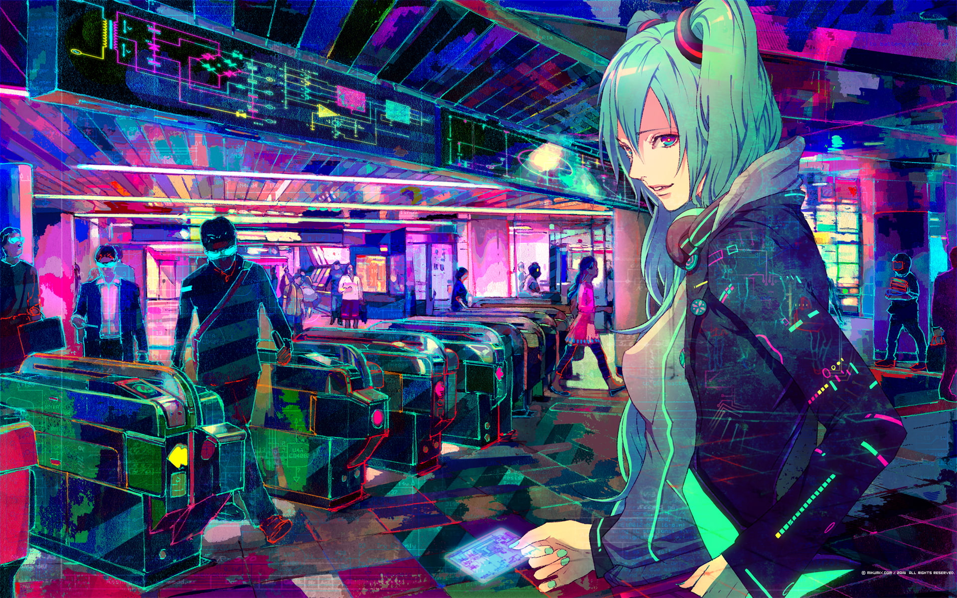 animated, abstract, illustration, girl, hd, 1080P, miku, anime, digital/artwork, colorful, vocaloid, haired, jacket, black, green, HD Wallpaper