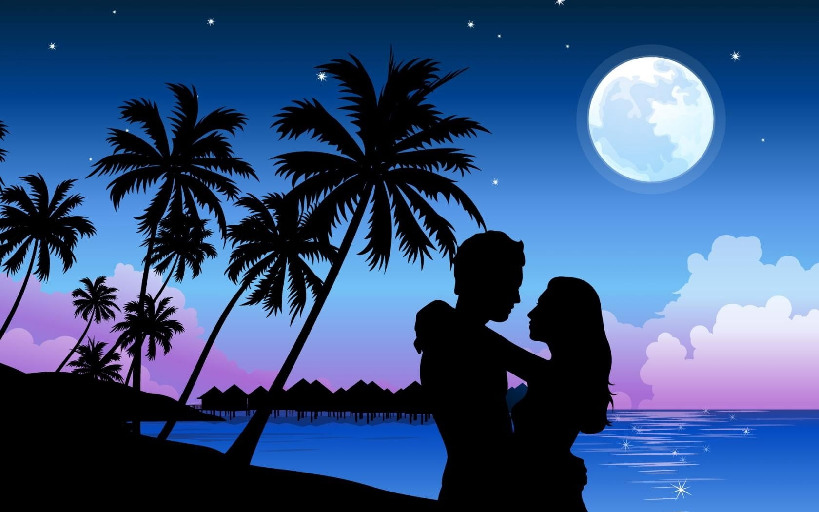 happiness, travel, 720P, tropical Climate, fun, beach, black Color, nature, blue, sky, sea, sun, palm trees, outdoors, two people, child, love, silhouette, HD Wallpaper