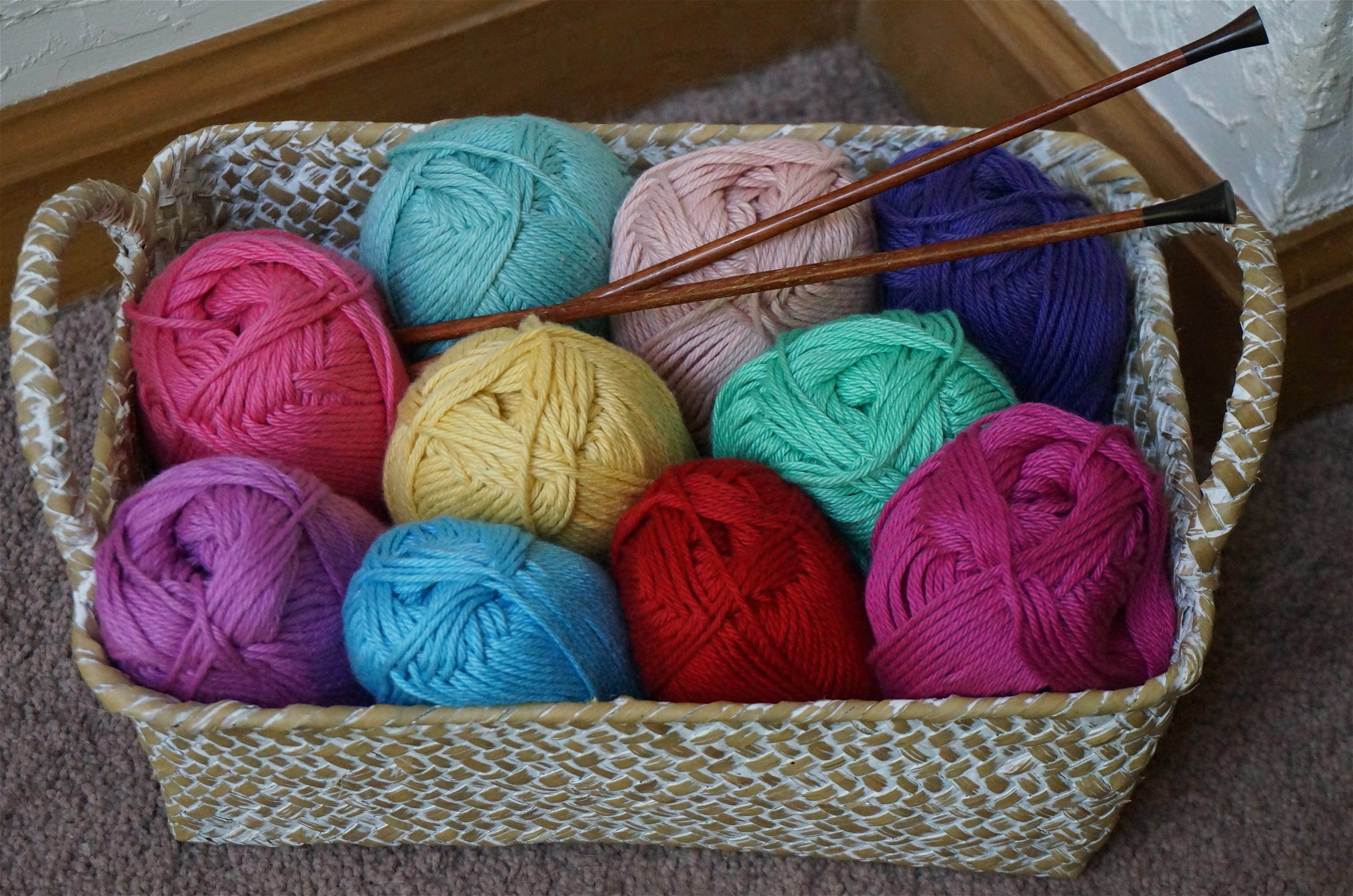creativity, choice, ball, 2K, no people, bright colors, craft, high angle view, wool, knitting, material, assorted, ball of wool, fiber arts, Yarn, wicker basket, HD Wallpaper