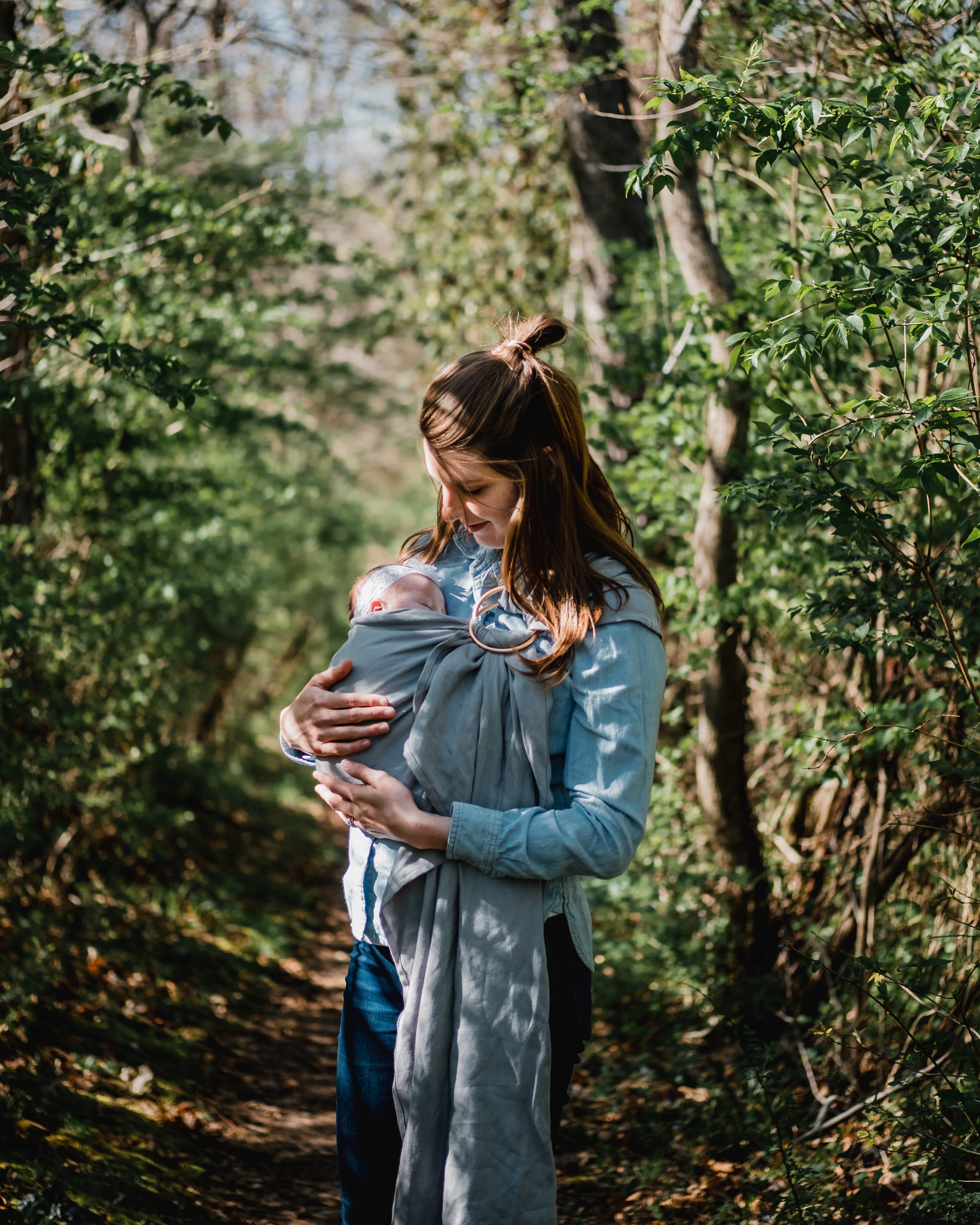 near, hair, women, casual clothing, outdoor, mom and baby, forest, sleeping newborn, person, tree, growth, baby, daytime, standing, trees, untitled, woodland, Phone HD Wallpaper