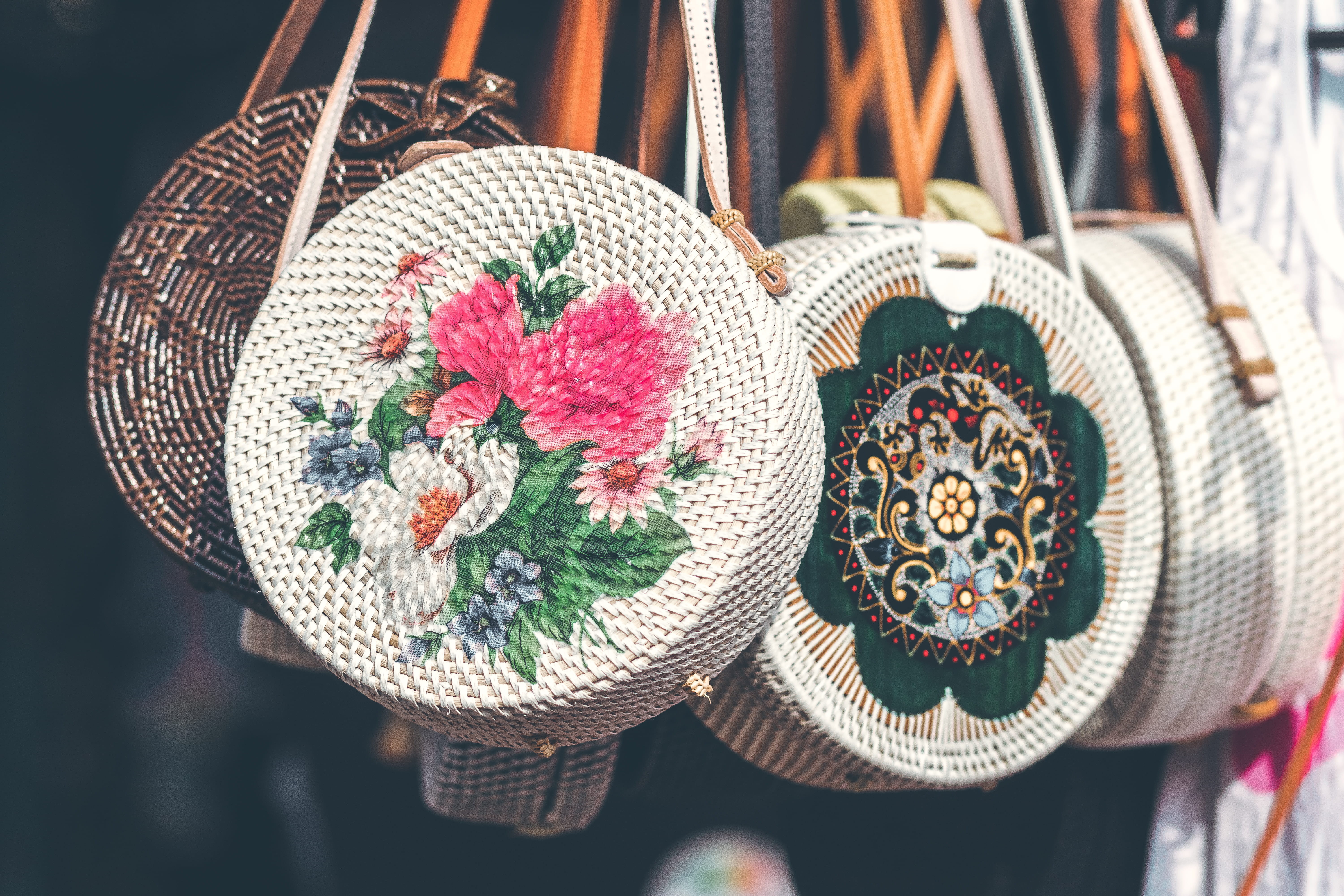 basket, focus on foreground, variation, floral, close-up, wicker, business, brown, hanging, white, flowers, handbag, design, handmade, market, plant, metal, HD Wallpaper