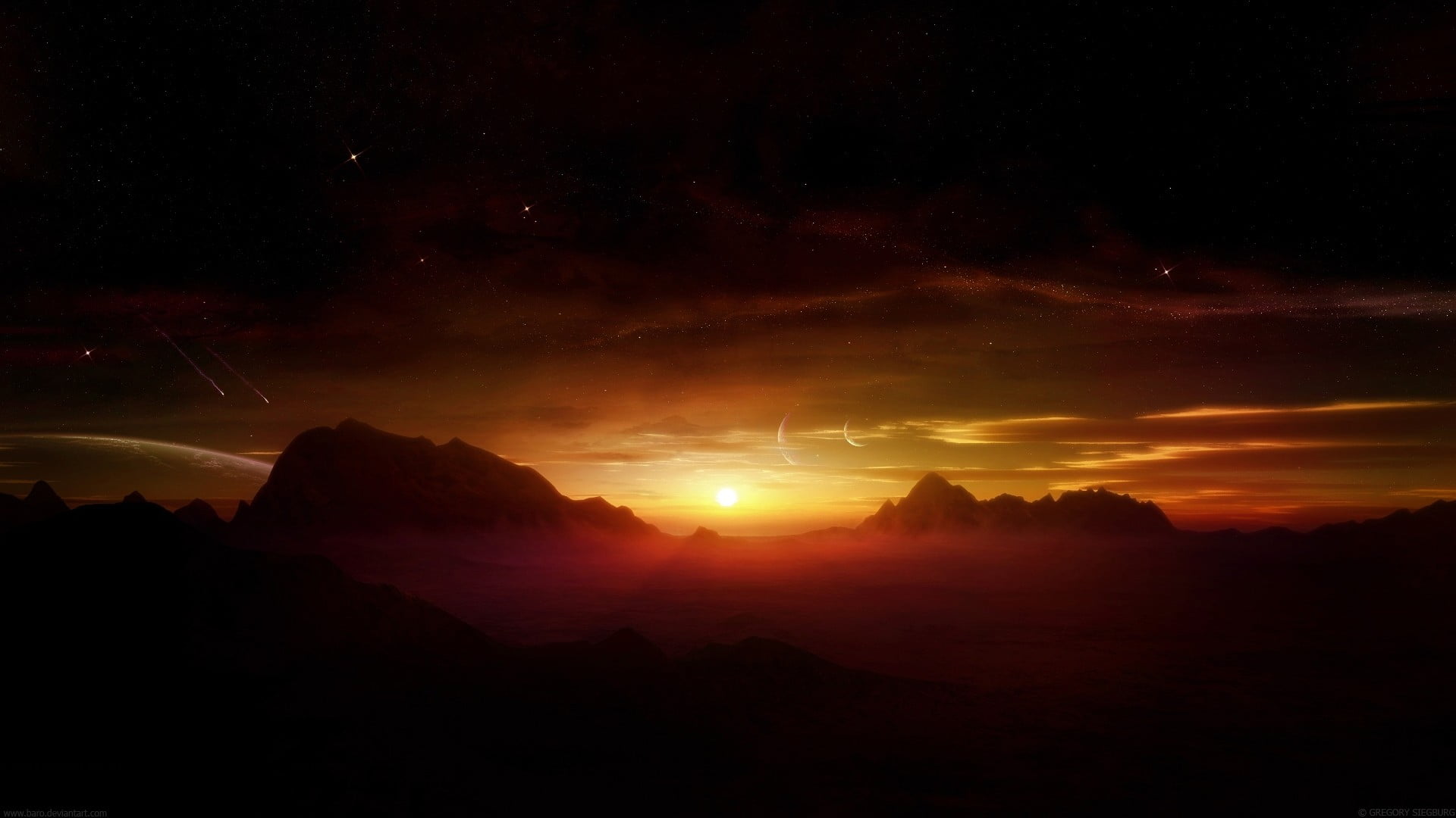 orange color, Moon, majestic, stars, sunset, sky, night, idyllic, silhouette, no people, clouds, outdoors, mountains, tranquil scene, star - space, dramatic sky, HD Wallpaper