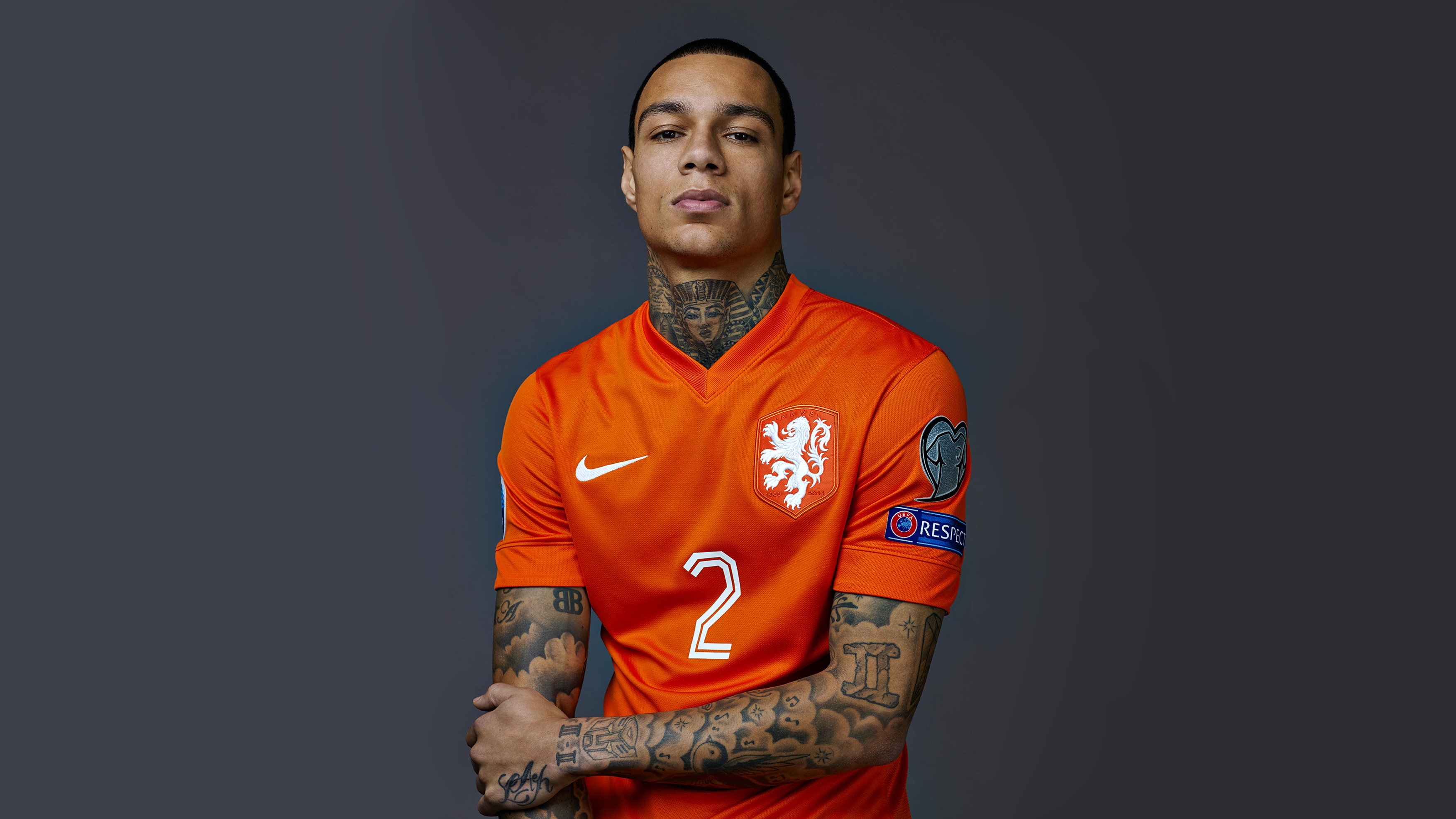 players, adult, mid adult, one person, tattoo, clothing, portrait, waist up, sport, Gregory van der Wiel, men, 2K, sportsman, standing, orange color, front view, HD Wallpaper