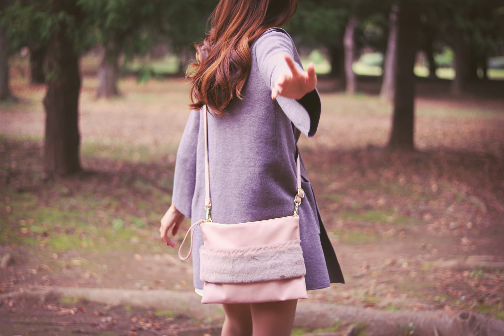 autumn, standing, field, bag, rear View, young Adult, coat, tree, real people, beauty, gray, adult, park - Man Made Space, childhood, three quarter length, HD Wallpaper