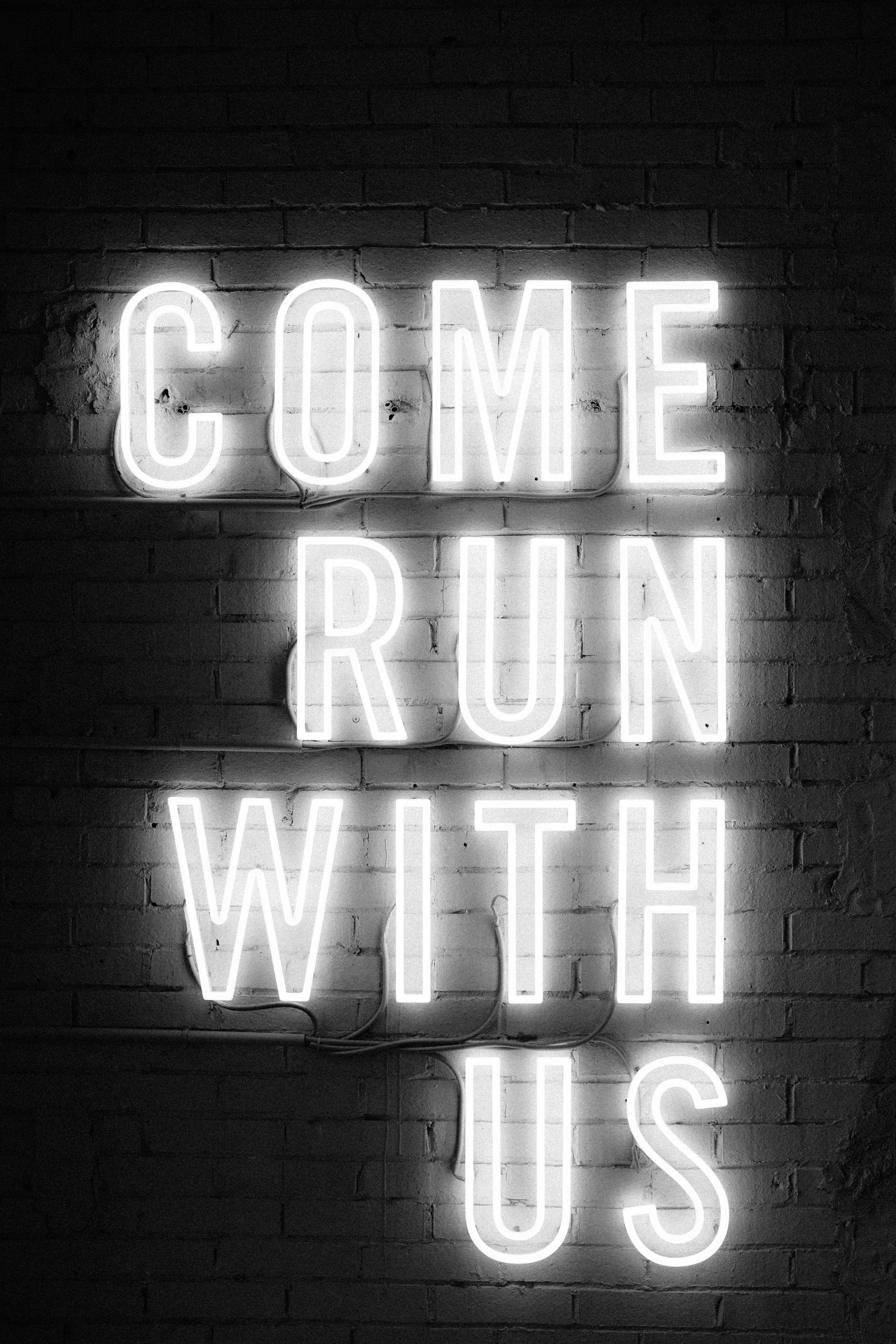 close-up, advertisement, neon, illuminated, indoors, brick, light, contrast, black, come, commercial sign, run, information, with, us, western script, message, Phone HD Wallpaper