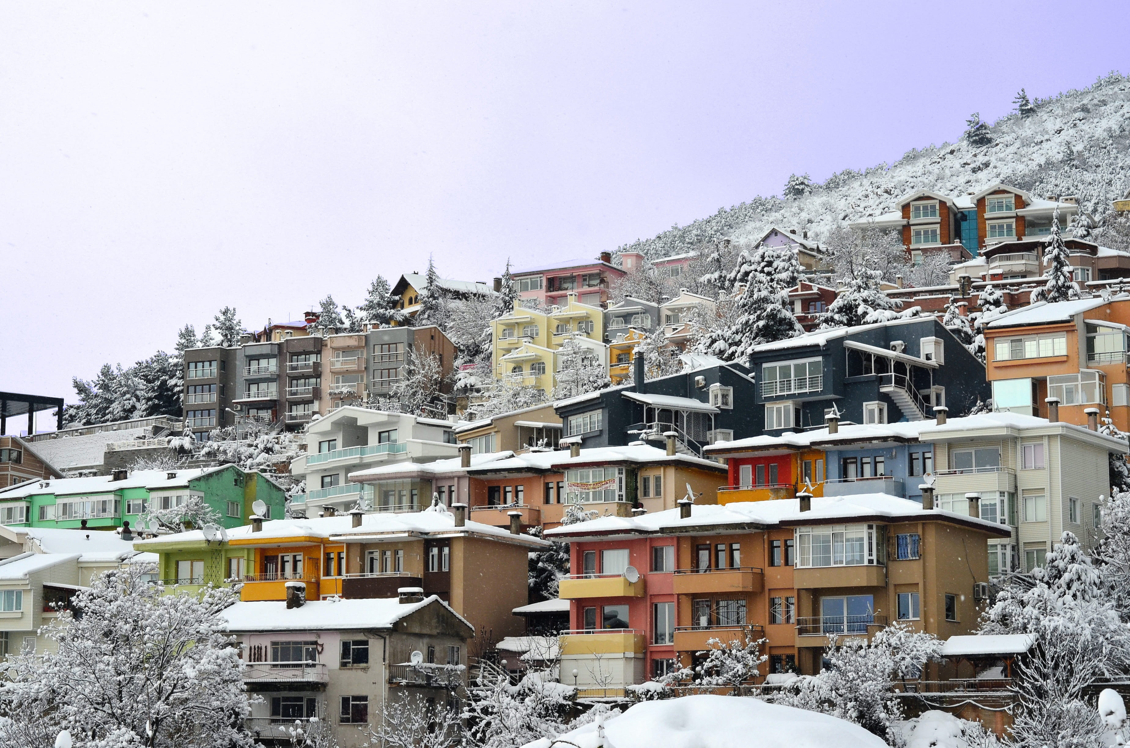built structure, town, architecture, low angle view, green, snow landscape, 2K, Snow, bursa view, white, row house, apartment, house, scholarship, residential building, HD Wallpaper
