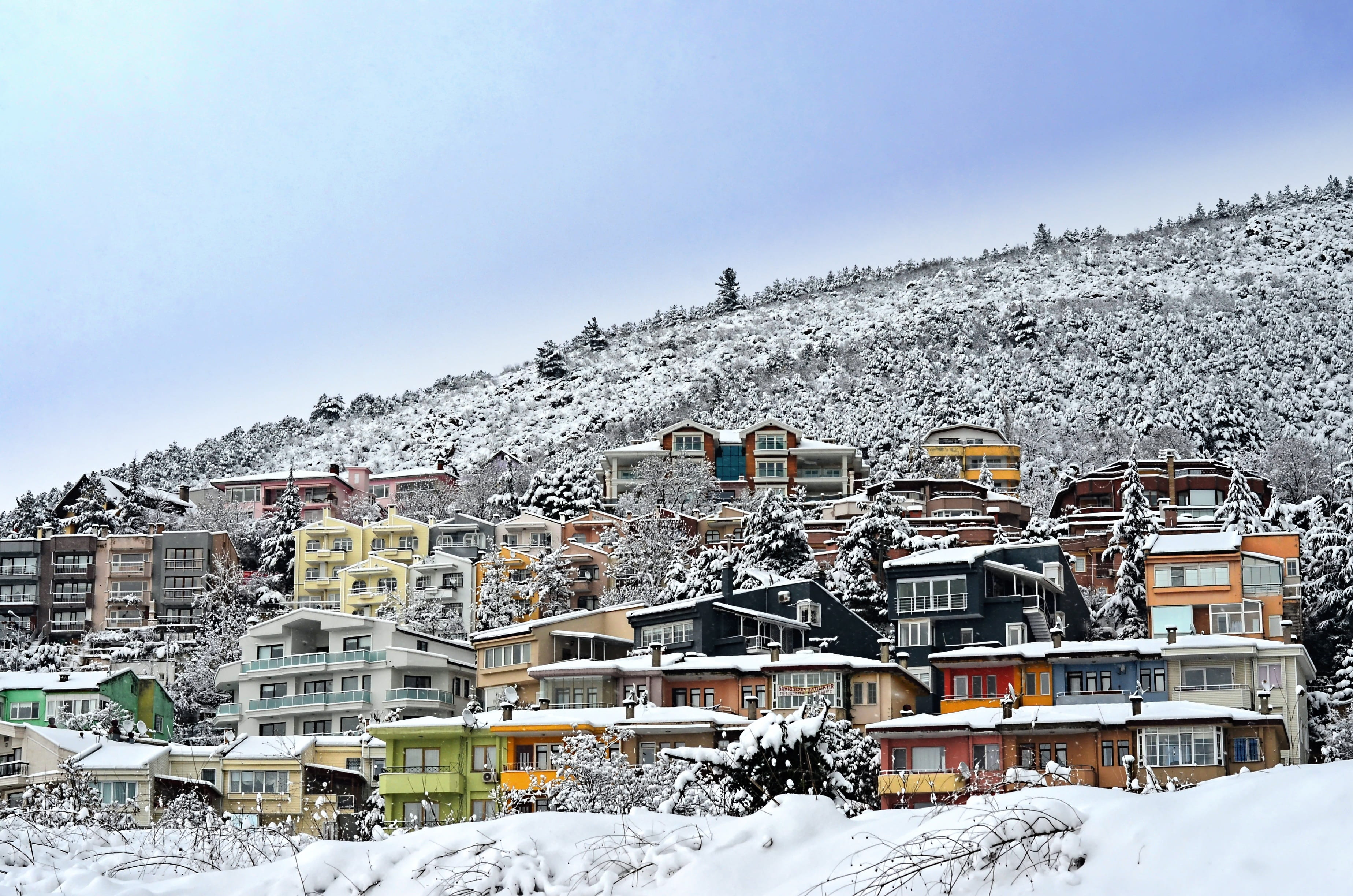 cold temperature, building exterior, open air, Snow, architecture, home, day, environmental, tree, snow landscape, no people, bursa view, residential district, HD Wallpaper