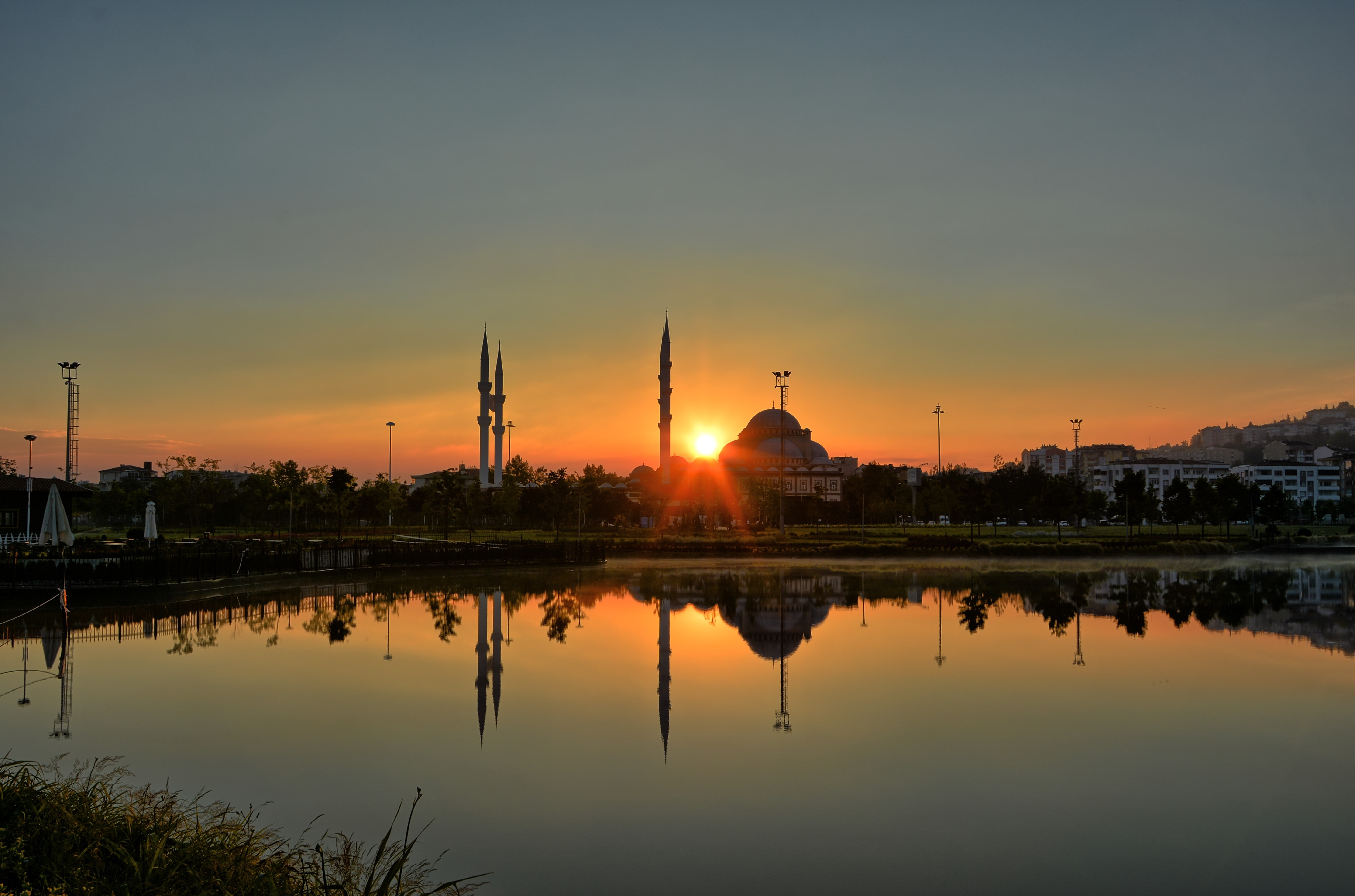 architecture, sky, lake, orange color, sunset, sparkle, building exterior, turkey, travel destinations, outdoors, scholarship, silhouette, 5K, sunrise, HD Wallpaper