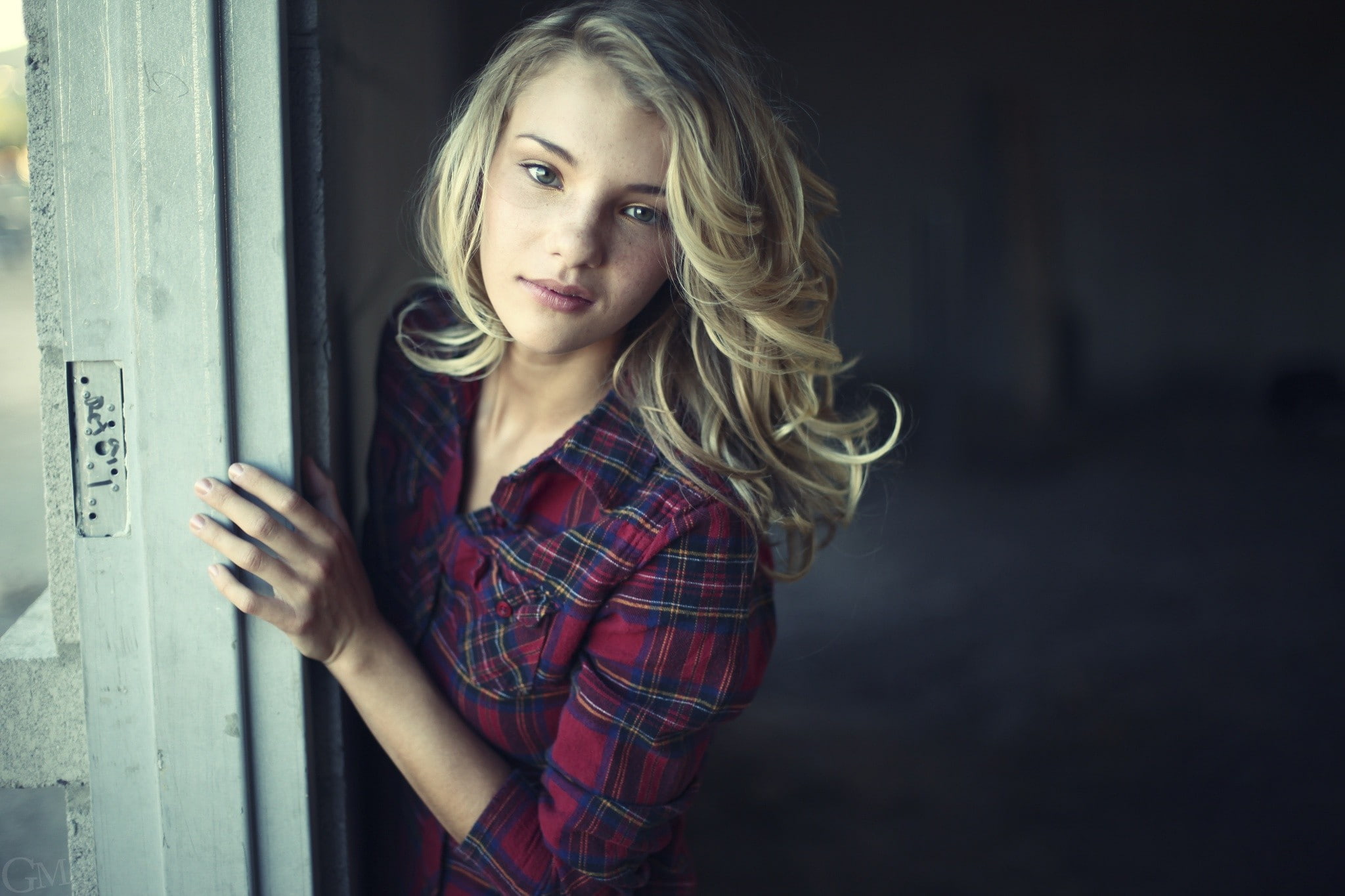 shirt, green eyes, blonde, women, face, plaid shirt, Rachel Ann Yampolsky, freckles, 1080P, HD Wallpaper