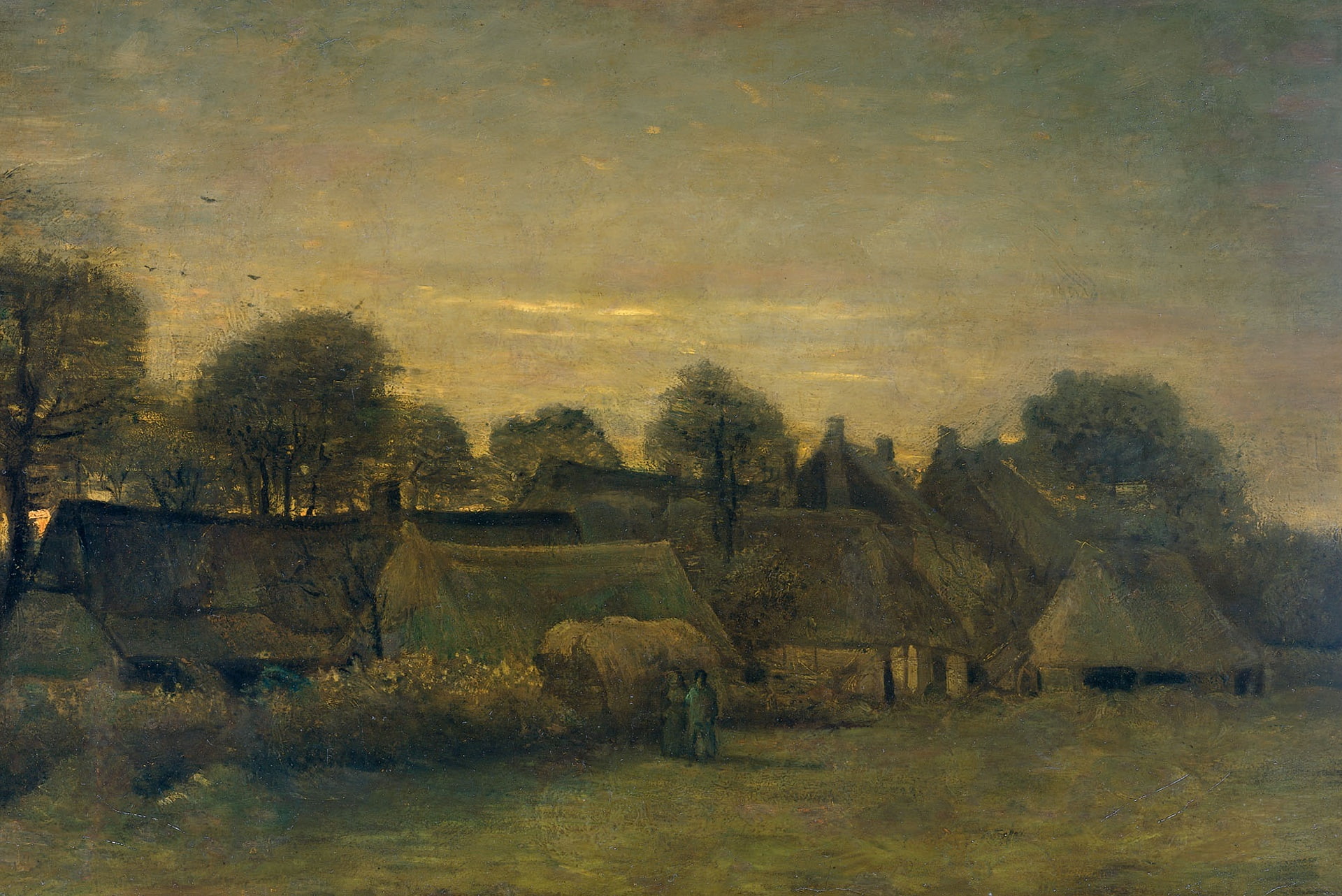 oil, house, 1080P, Vincent van Gogh, The Village In The Evening, picture, HD Wallpaper