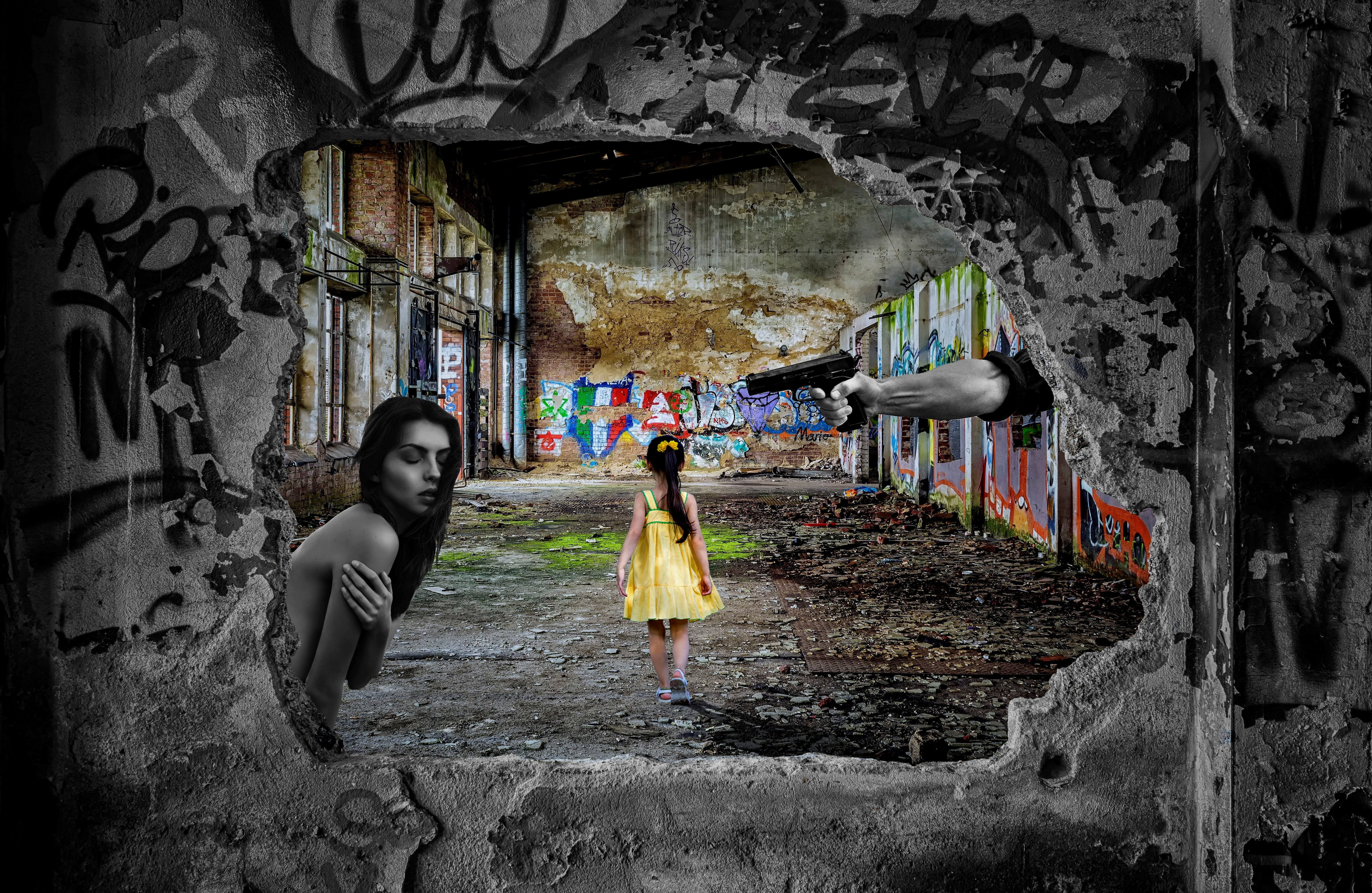 building exterior, past, architecture, silent, conflict, pistol, hatred, clothing, women, alone, fantasy, full length, woman, parents house, wall - building feature, HD Wallpaper