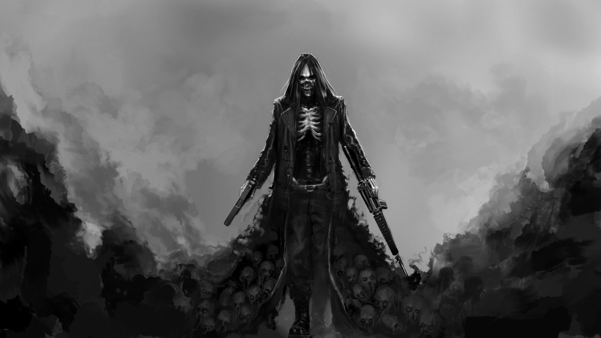 Black Hair, Hatred, Skull, Video Game, 1080P, Gun, Monochrome, HD Wallpaper