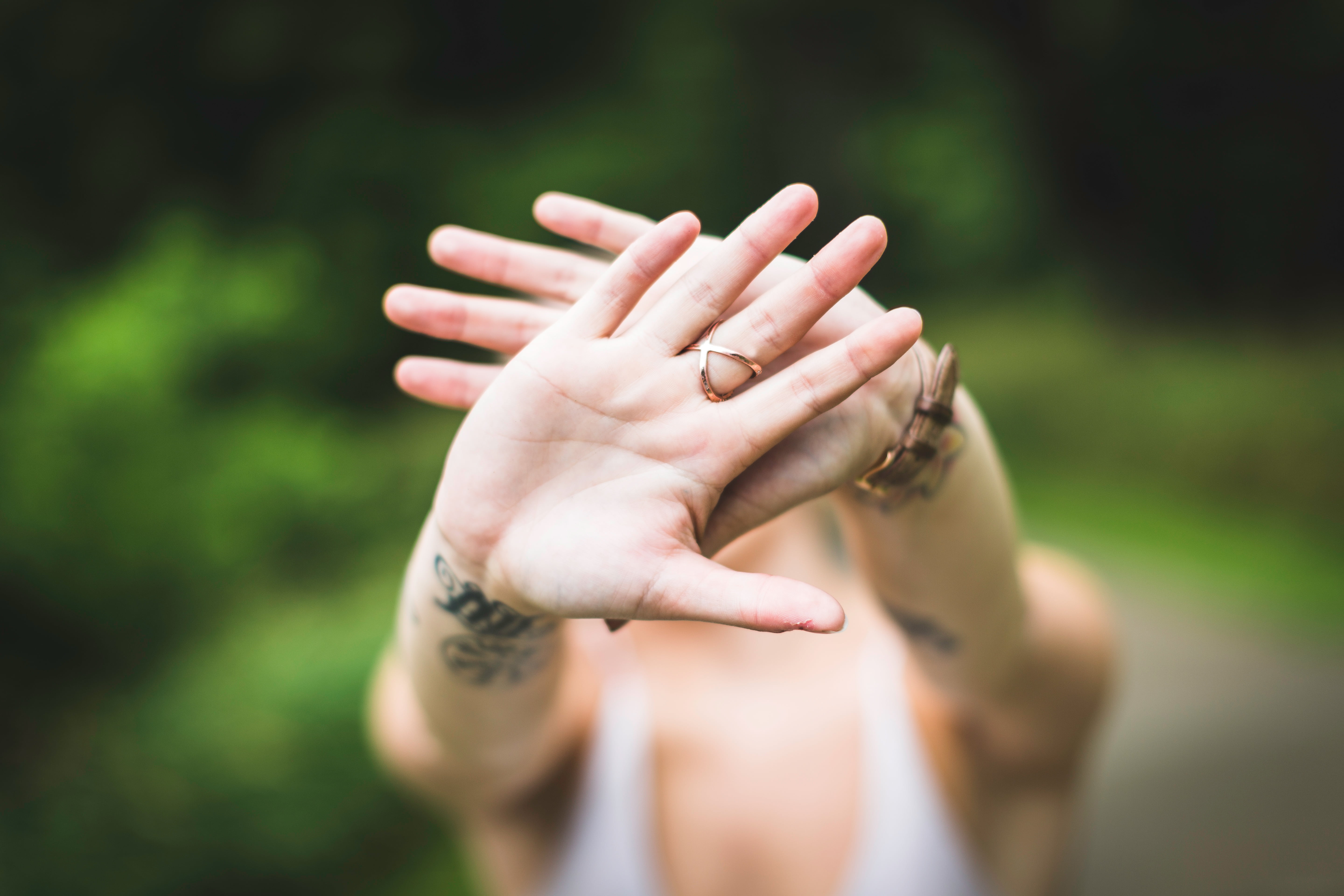unrecognizable person, close-up, 5K, top, only women, obscured face, palms, one woman only, woman, human limb, women, jewelry, left, tank, gesturing, arms raised, HD Wallpaper