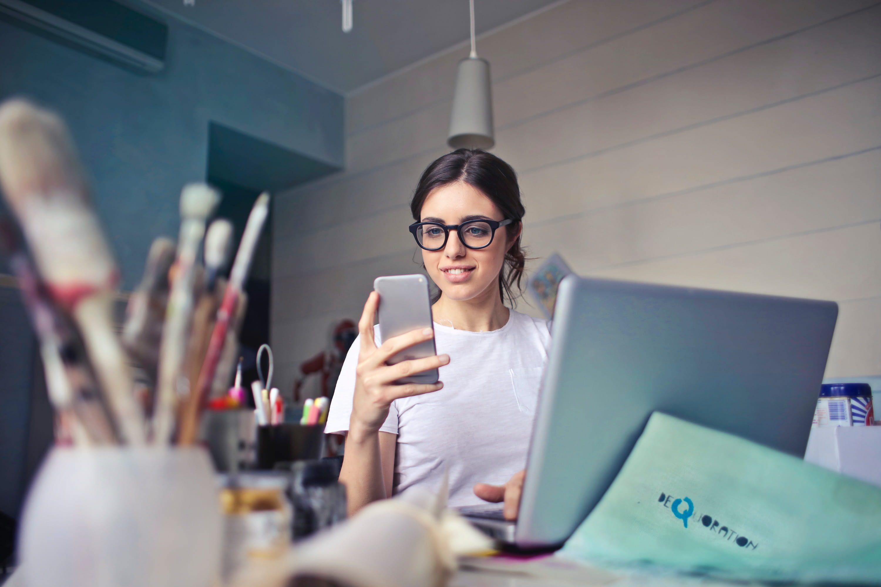 phone, table lamp, computer, female, business, house, sitting, learning, hair, adult, happy, young, online, web, lifestyle, one person, technology, wall, HD Wallpaper