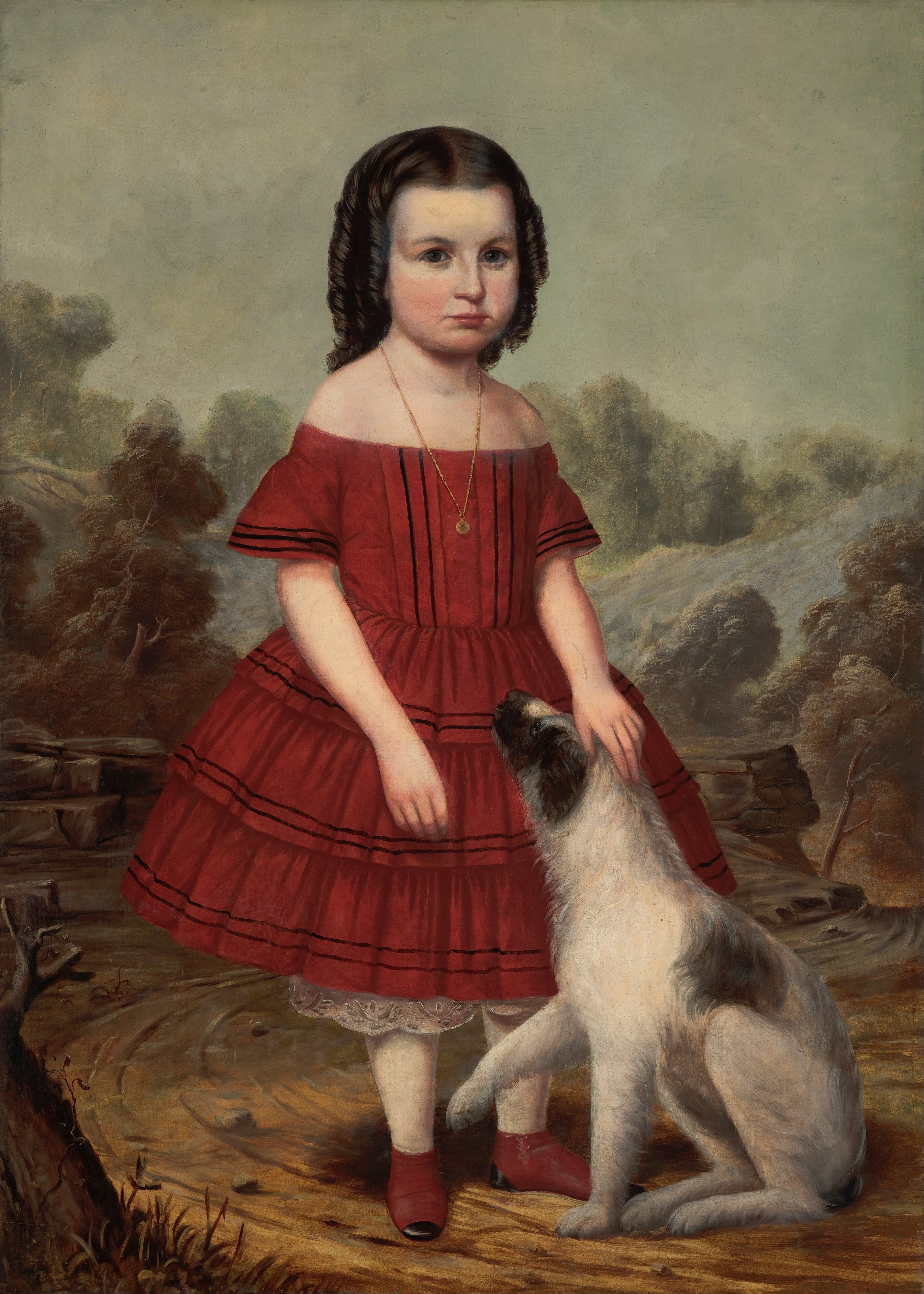 women, 5K, john hegler, portrait, looking at camera, domestic animals, pet owner, outside, oil on canvas, female, one animal, hairstyle, child, front view, Phone HD Wallpaper