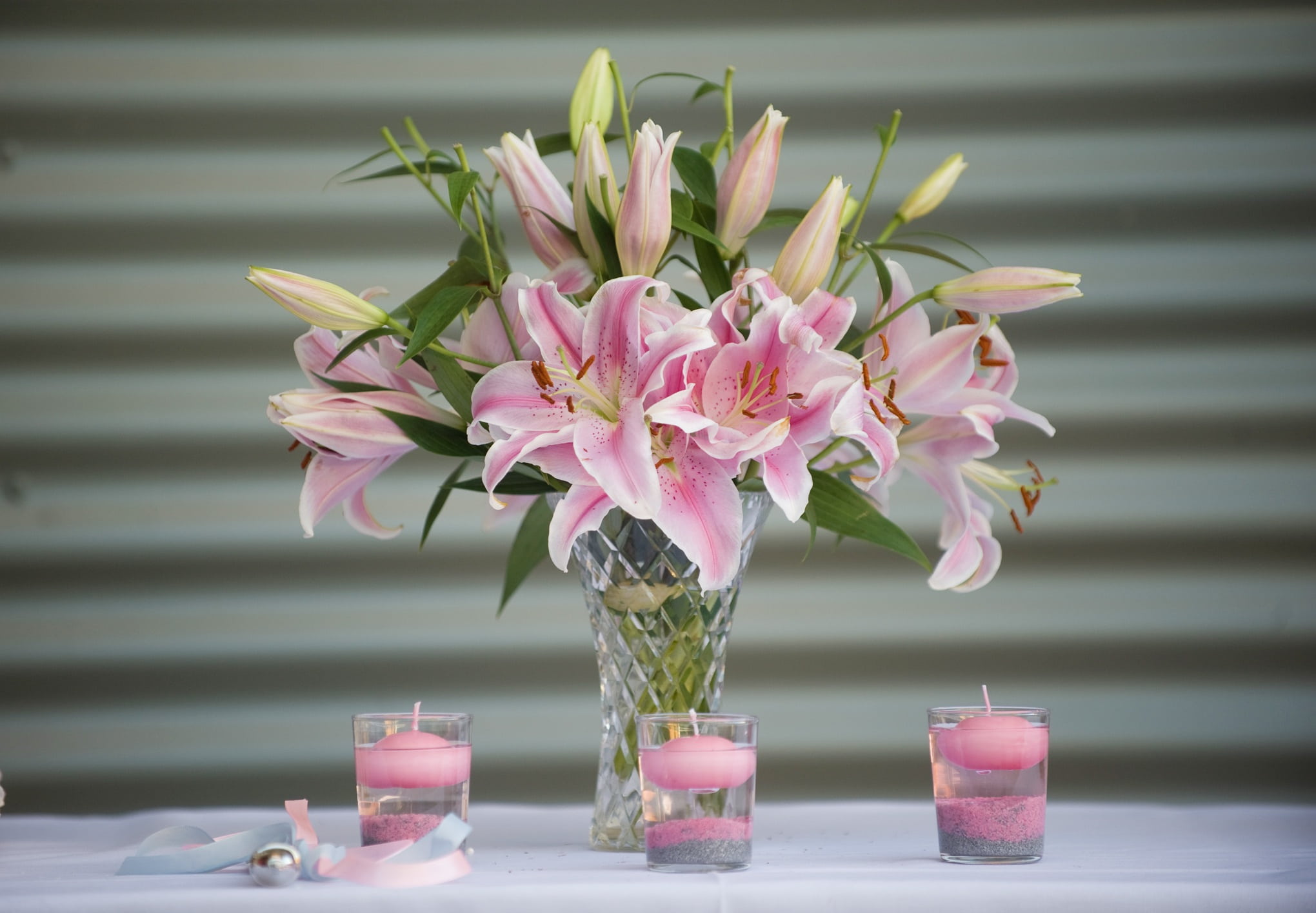 pink flowers, flowers, plant, freshness, 1080P, bouquet, lillies, flower pot, inflorescence, floral, petaled, flower, flower head, lily, holders, softness, HD Wallpaper
