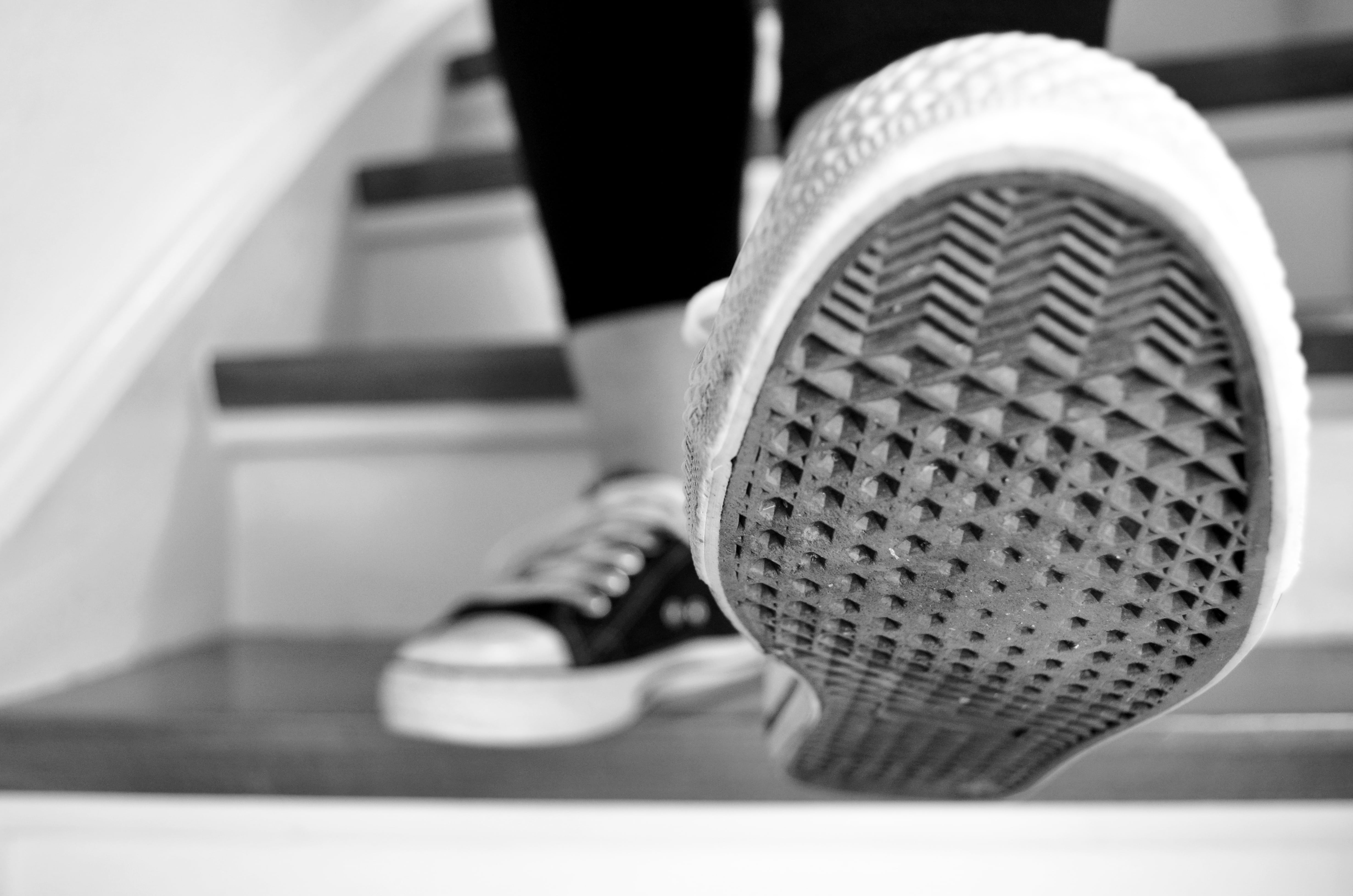 shoes, shoe, human leg, grayscale, limb, staircase, focus, down, level, indoors, body part, clothing, sneakers, women, big shots, human limb, human body part, HD Wallpaper