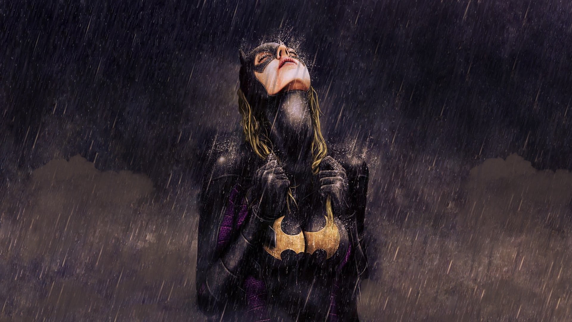 closed eyes, wind, one person, adult, hair, rain, women, clothing, long hair, young adult, brown hair, drawing, studio shot, Batgirl, indoors, portrait, HD Wallpaper