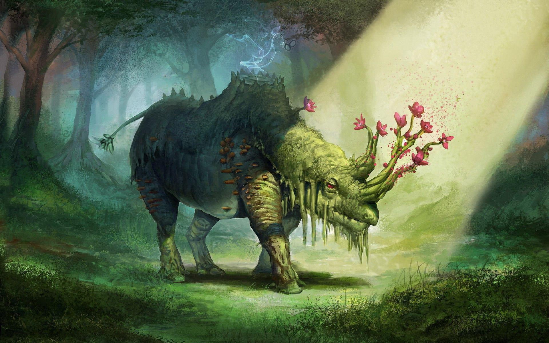 horns, graphic, 1920x1200, magical, tree, firest, manipulation, forest, 1080P, photo, creature, magic, rhino, flower, fantasy, art, HD Wallpaper