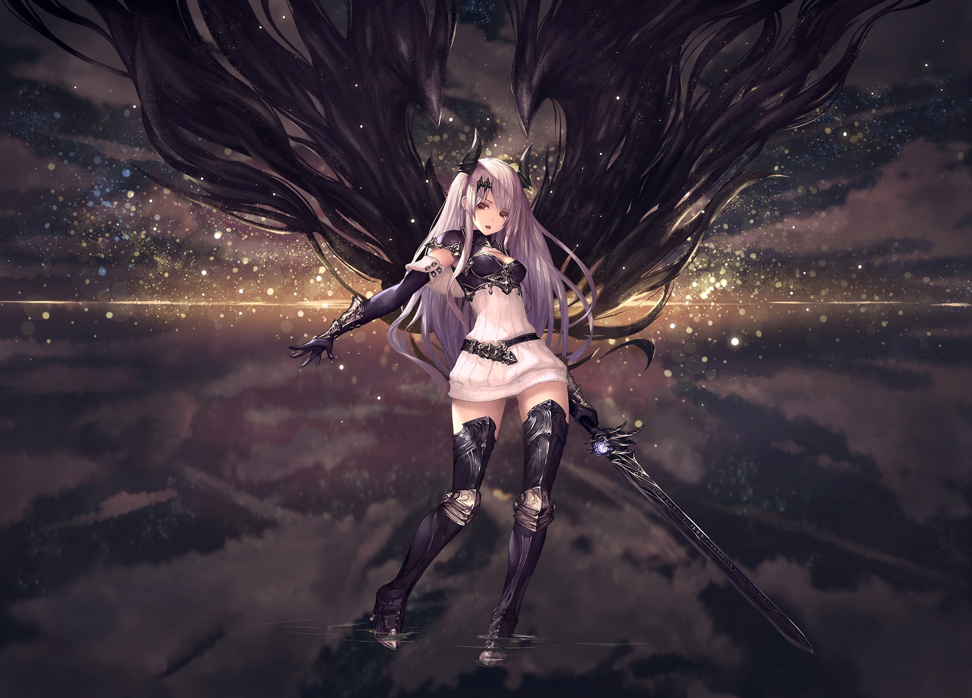 hair, adult, digital composite, night, white hair, technology, laser, demon, black sword, full length, women, illuminated, young women, front view, gloves, HD Wallpaper