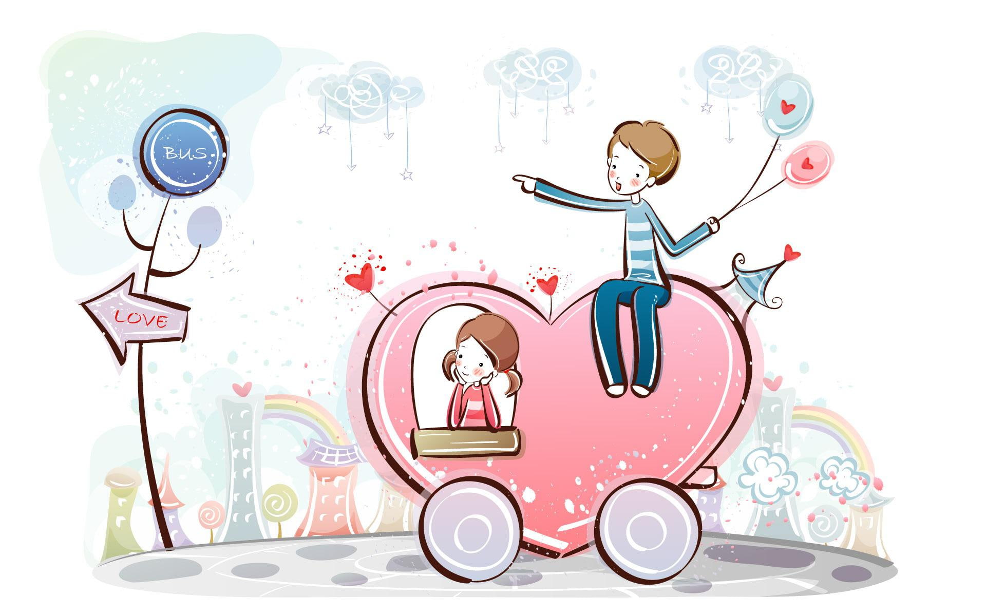 heart, pink, 1920x1200, carriage, girl, boy, painting, 1080P, artistic, bus, illustration, love, couple, HD Wallpaper