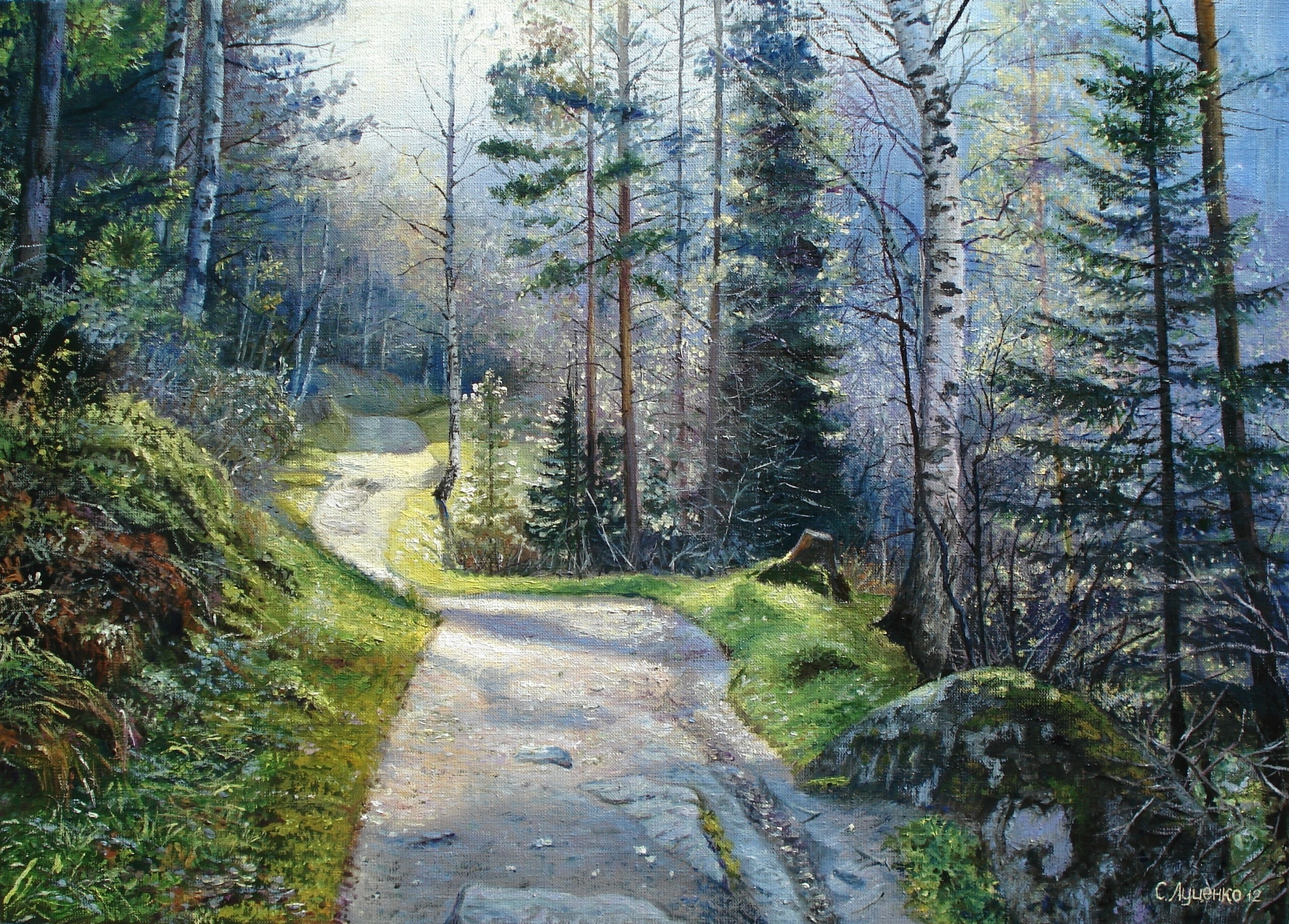 trees, painting, tree, direction, morning in the forest, footpath, canvas, beauty in nature, trail, tranquility, tranquil scene, forest, non-urban scene, HD Wallpaper