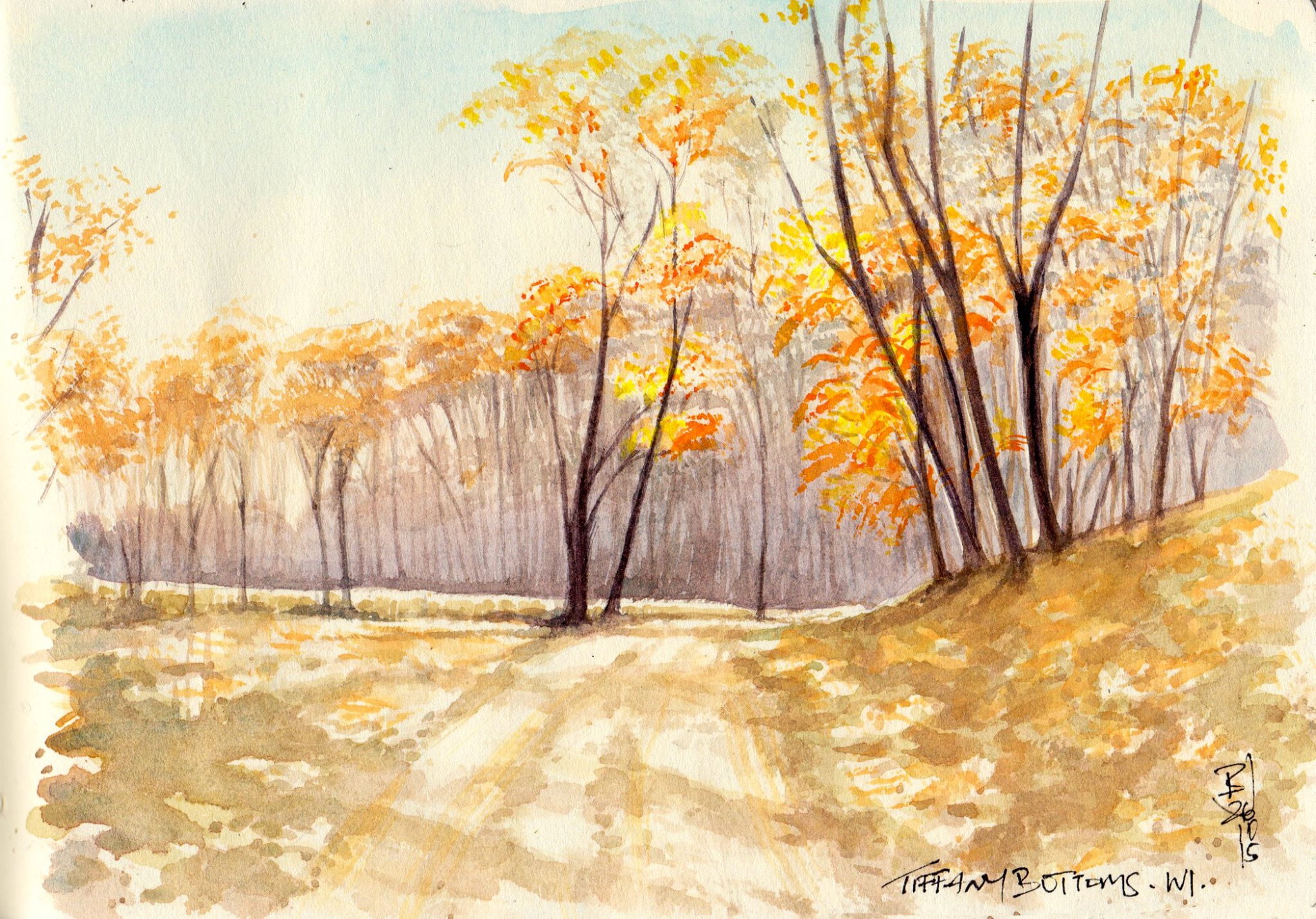Tiffany Bottoms, surrounded, beauty in nature, traditional art, fall, tree, no people, autumn, watercolor, water, sky, plant, road, tranquil scene, 1080P, HD Wallpaper