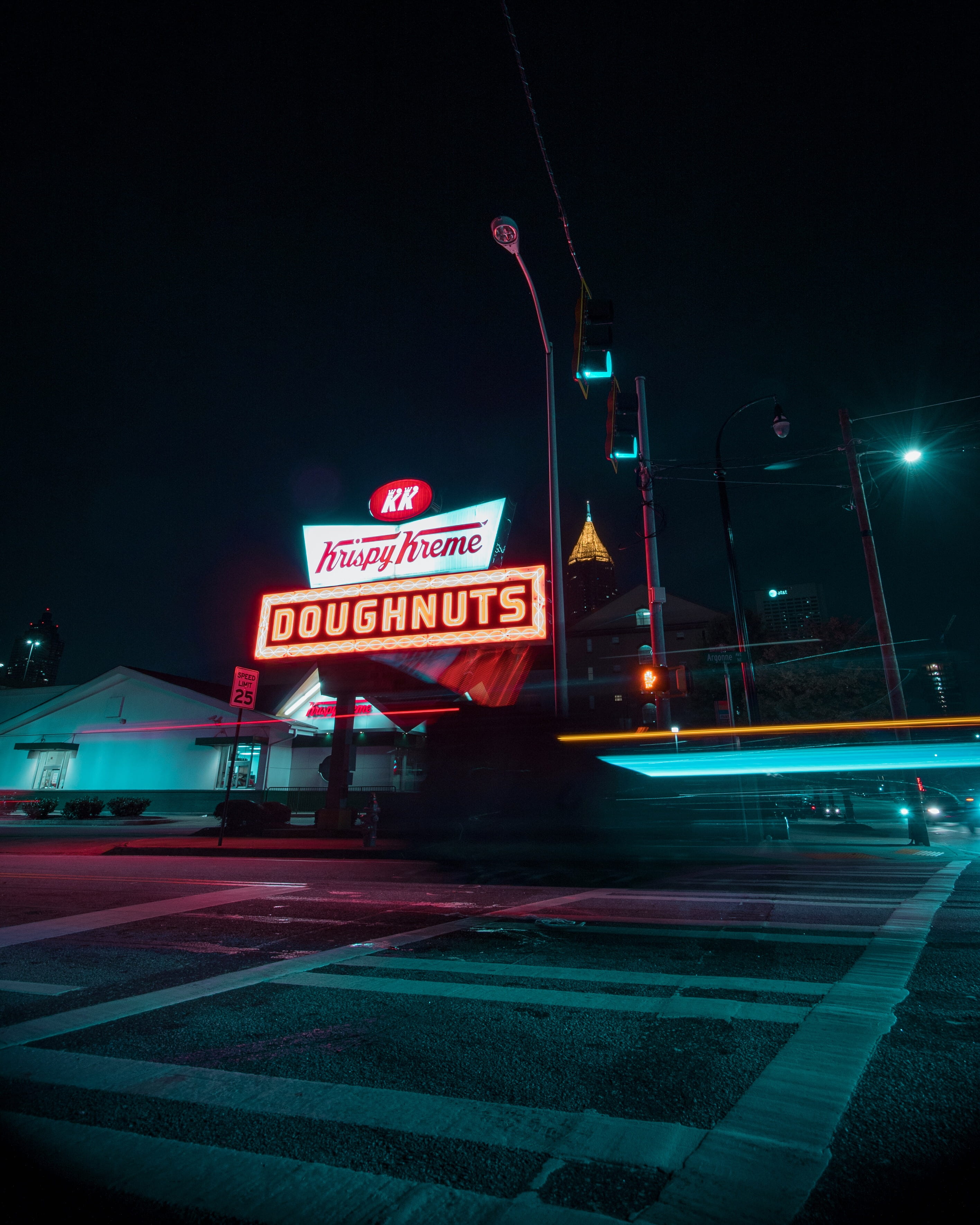 doughnuts, motion, no people, long exposure, road, illuminated, 2K, nighttime, signage, turned, blurred motion, neon light, krispy, night, communication, Phone HD Wallpaper