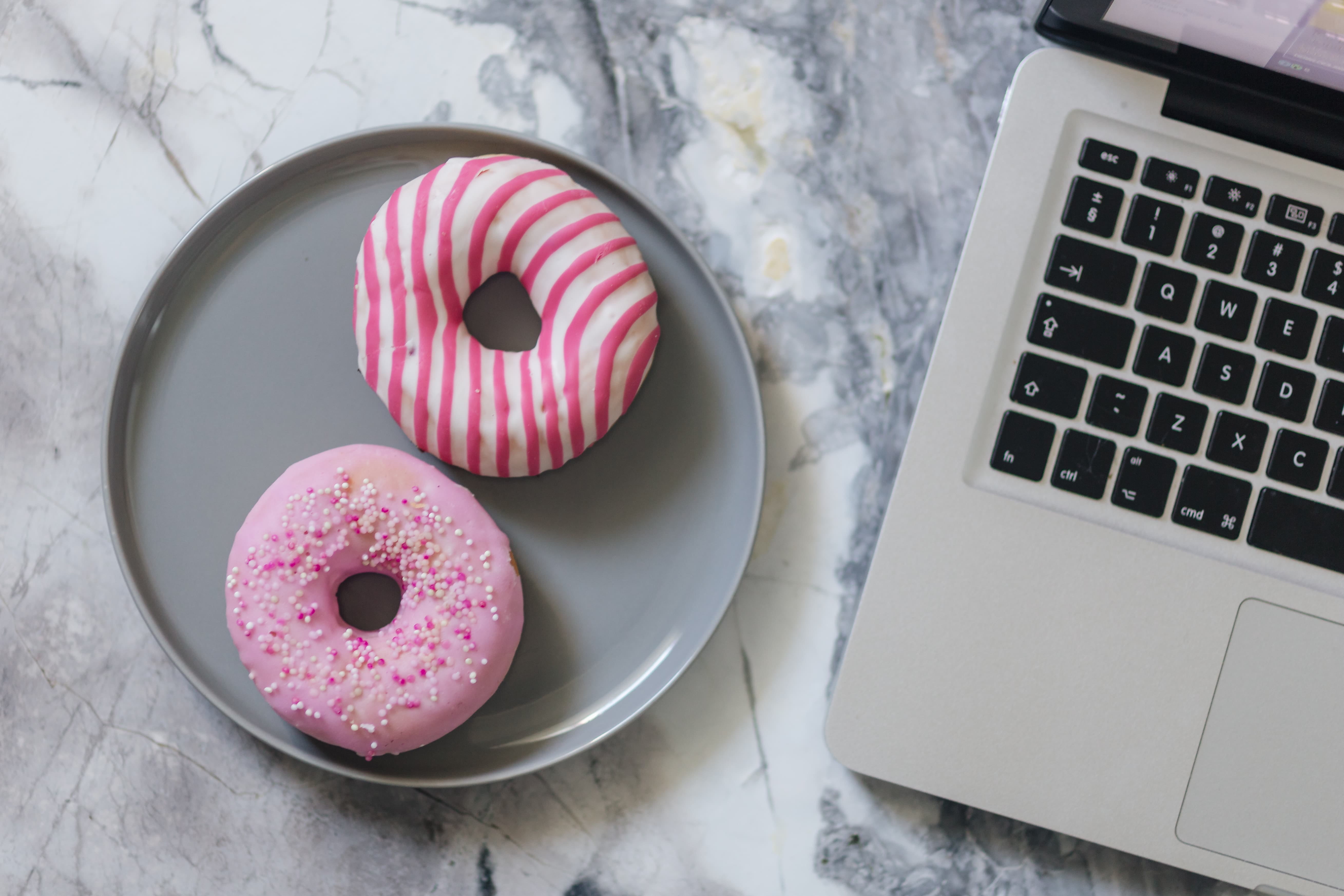 laptop, 5K, cute, temptation, technology, directly above, sweet food, no people, colorful, marble, indoors, donuts, computer, food and drink, junk food, HD Wallpaper