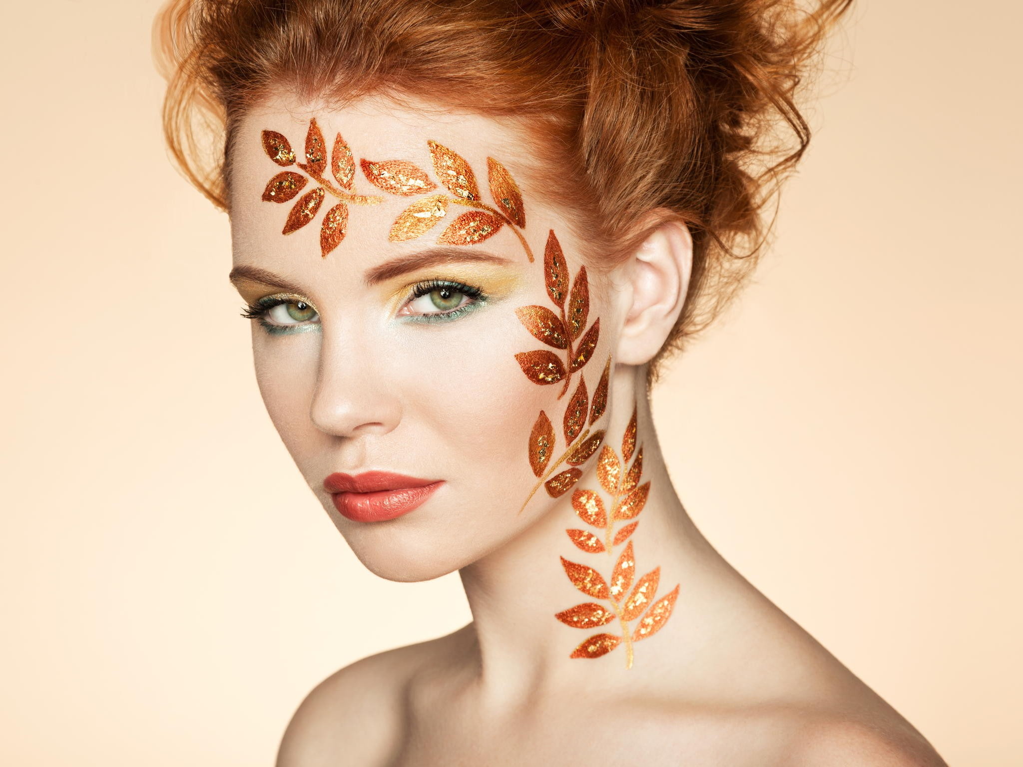 redhead, portrait, bare shoulders, red lipstick, face, leaves, model, looking at viewer, 1080P, long hair, green eyes, white background, face paint, necks, HD Wallpaper