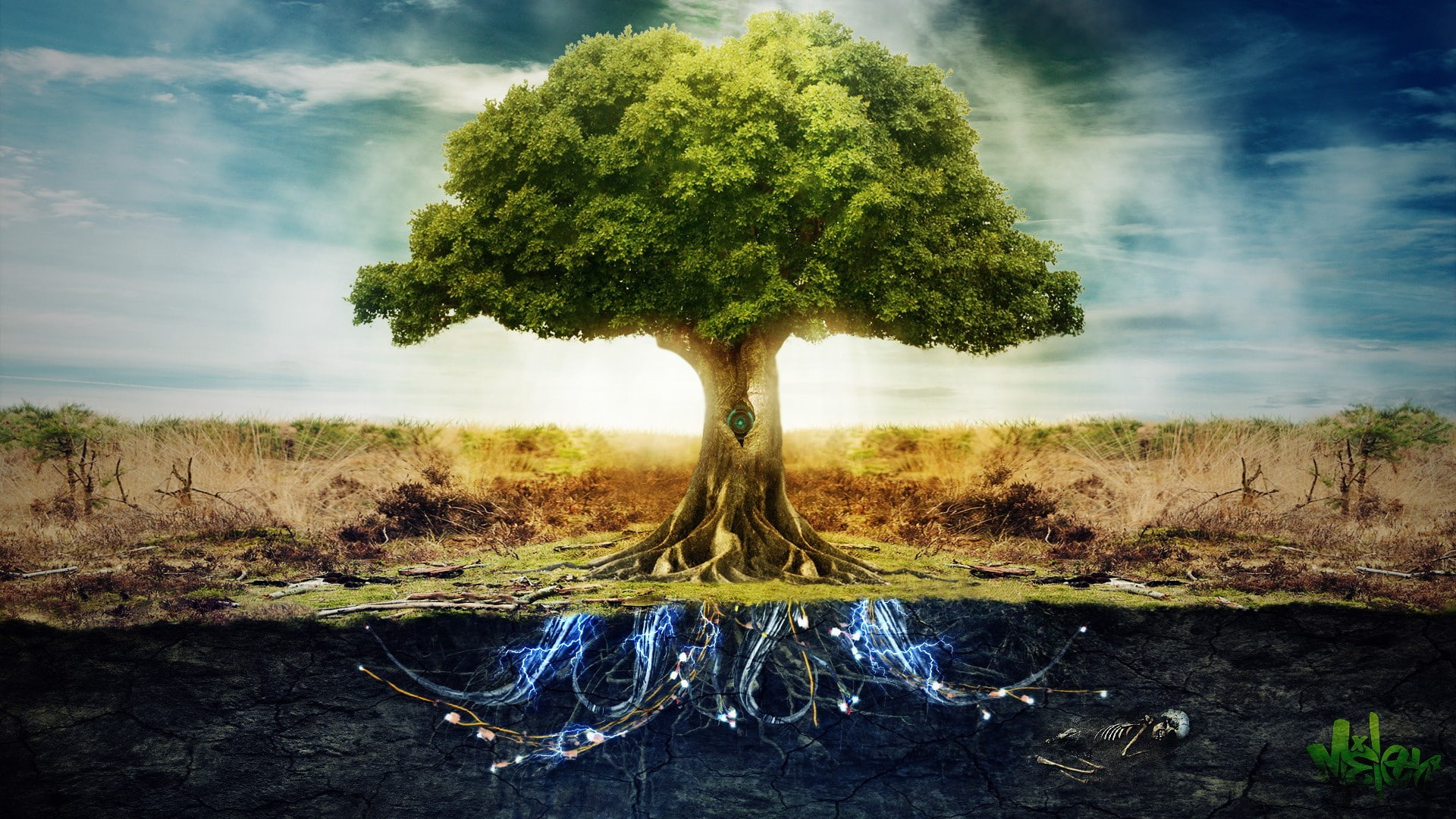 anime, split view, trees, photo manipulation, electricity, technology, peace, digital art, machine, roots, 1080P, nature, skeleton, HD Wallpaper