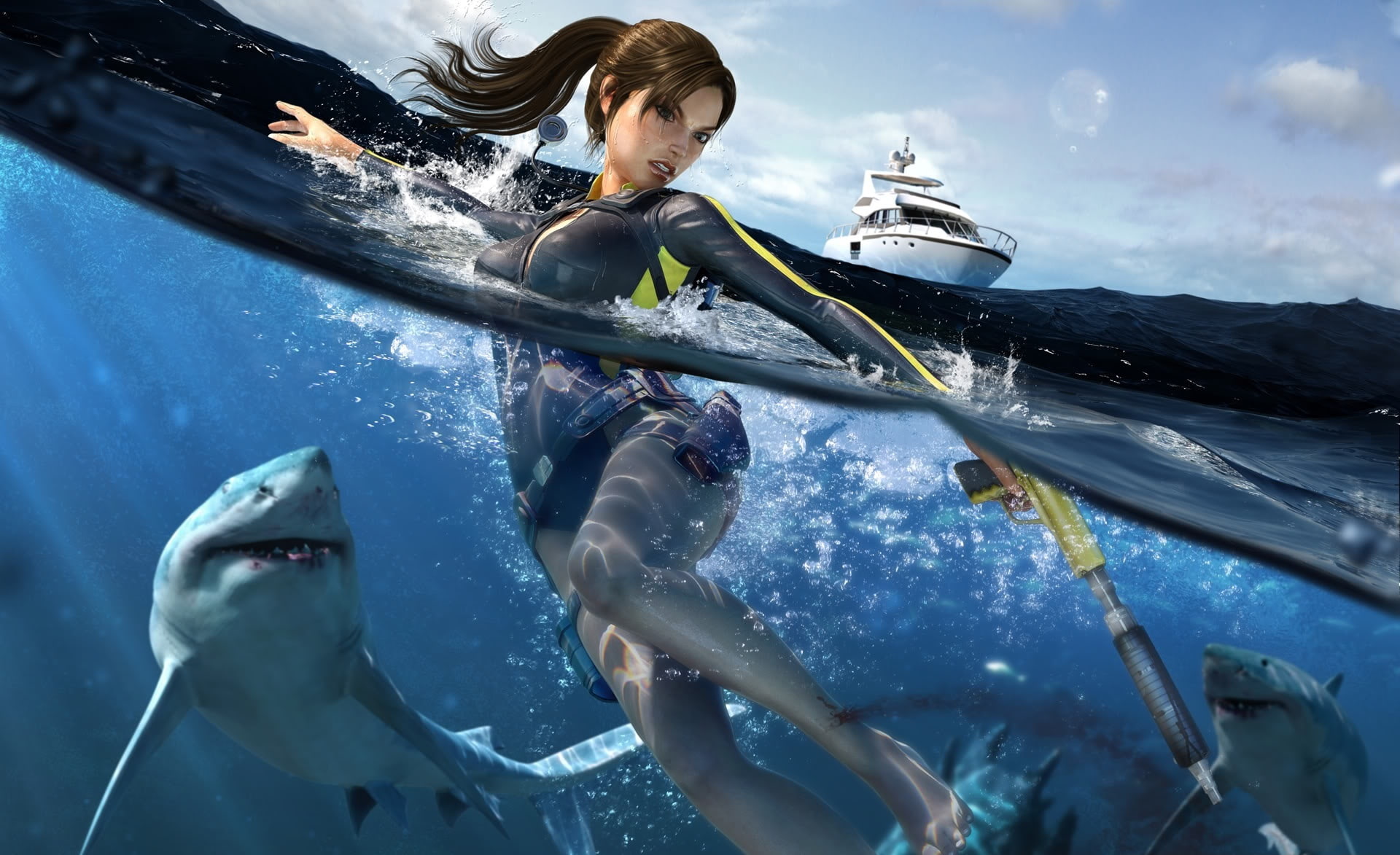 sharks, 1080P, woman, transportation, underwater, sport, adventure, digital, video game, tomb, raider, marine, wetsuit, Tomb Raider, nature, gray, real people, HD Wallpaper