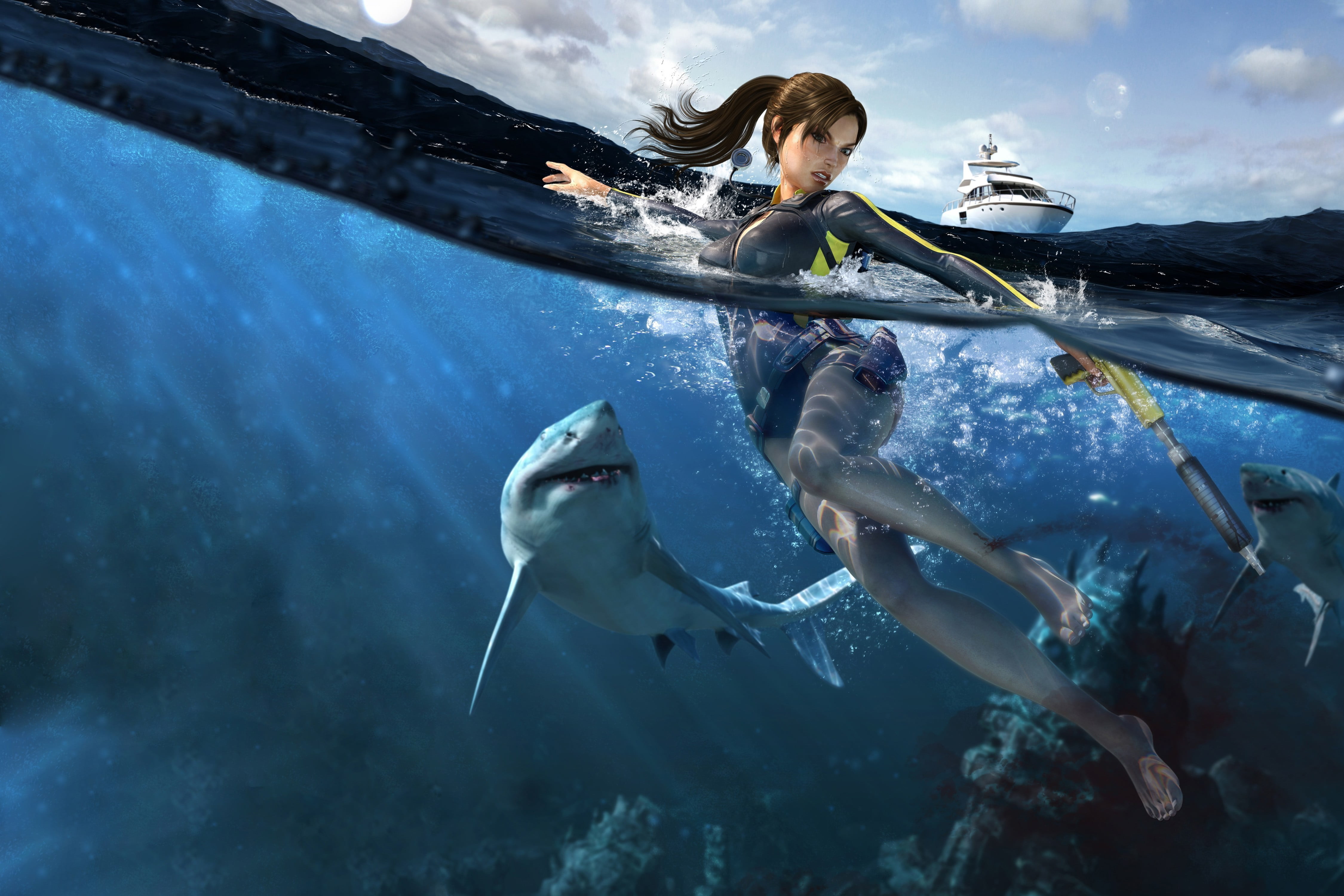 fish, lara croft, digital, nautical Vessel, woman, females, caucasian Ethnicity, hunting, one Person, action, extreme Sports, fun, men, water Sport, sport, HD Wallpaper