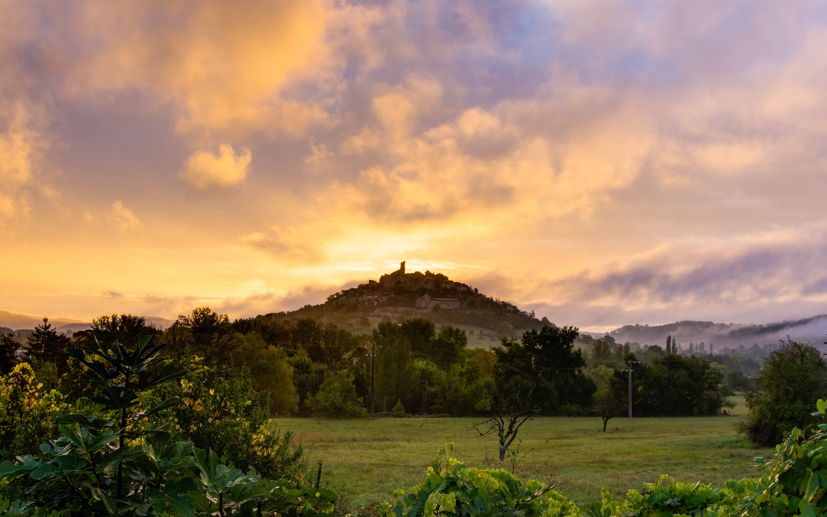 Dawn, France, Clouds, 2K, Fields, Bushes, Midi, Trees, Pyrenees, Mountain, HD Wallpaper