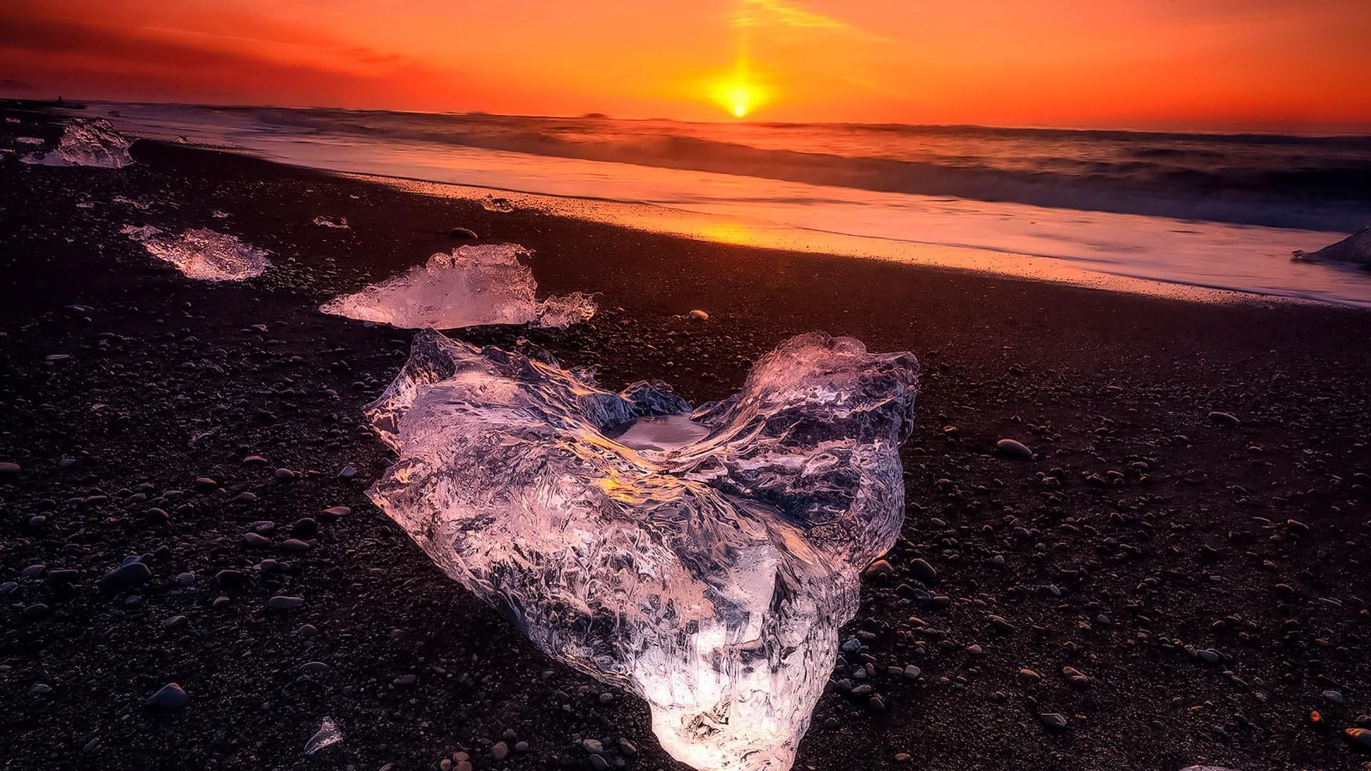 national park, iceland, no people, orange color, sky, beach, horizon, 1080P, land, solid, glacial lake, beauty in nature, ice, motion, tranquility, jokulsarlon, HD Wallpaper