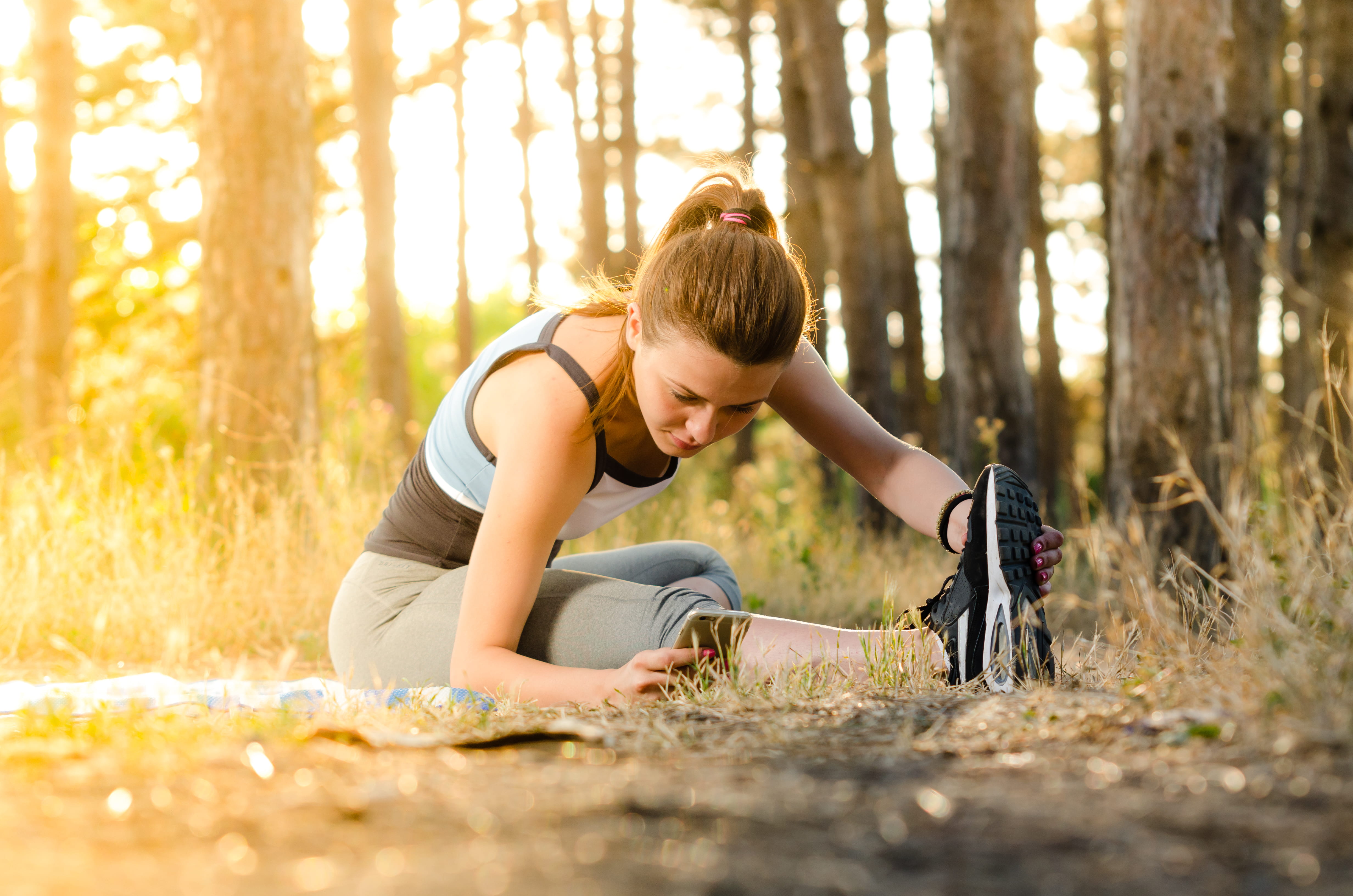 stretching, young, beauty, women, lady, person, hair, girl, stretch, wood, training, 4K, exercising, forest, ponytail, brunette, trainer, hairstyle, healthy lifestyle, HD Wallpaper