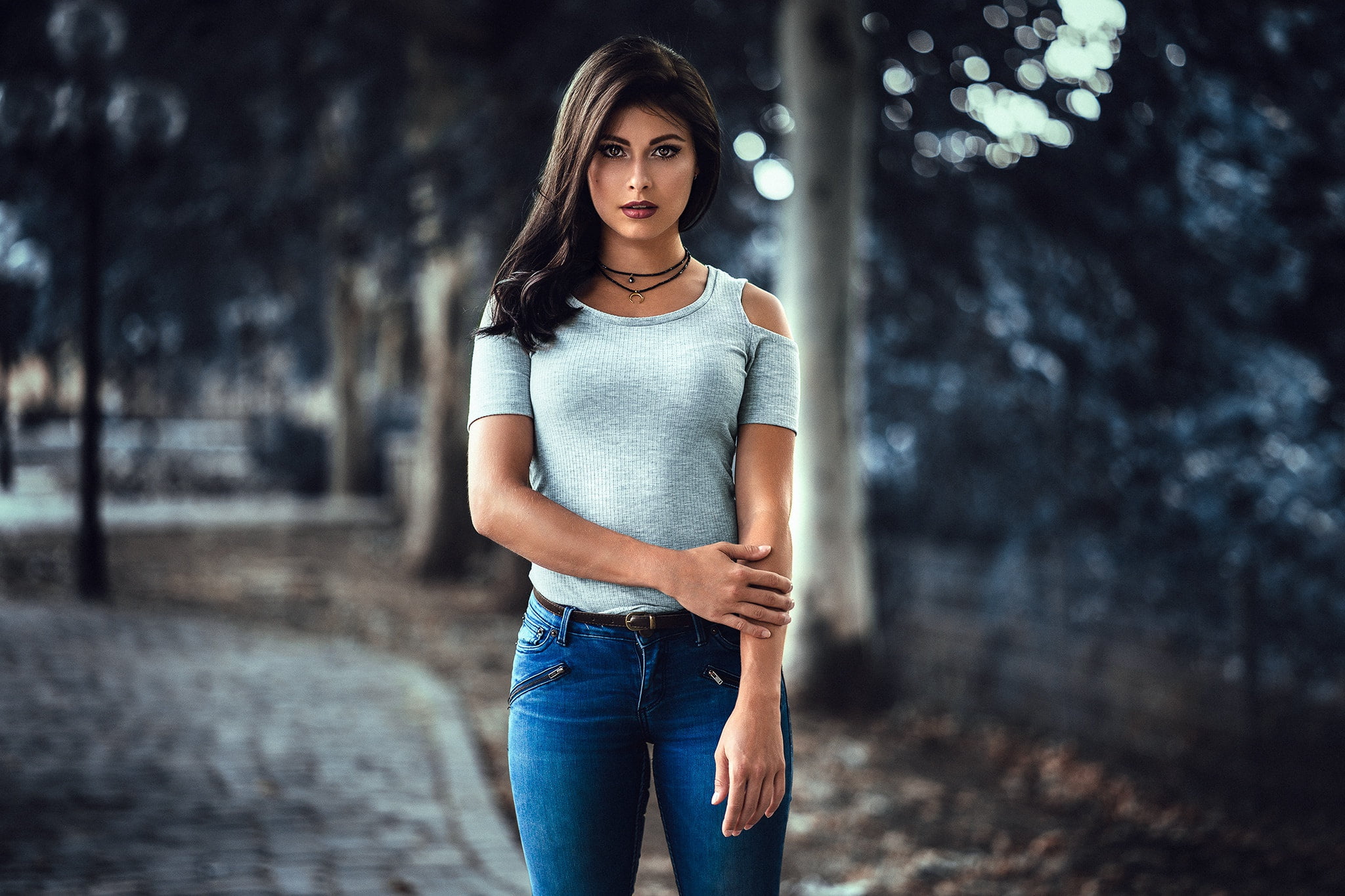 three quarter length, tight clothing, women, looking at camera, focus on foreground, standing, dark hair, real people, short sleeves, women outdoors, one person, HD Wallpaper