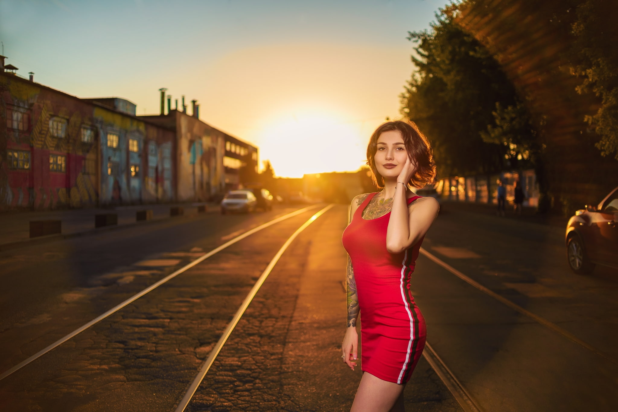 portrait, model, street, 1080P, hand on face, track, rail transportation, real people, hairstyle, adult, outdoors, young adult, brunette, inked girls, HD Wallpaper