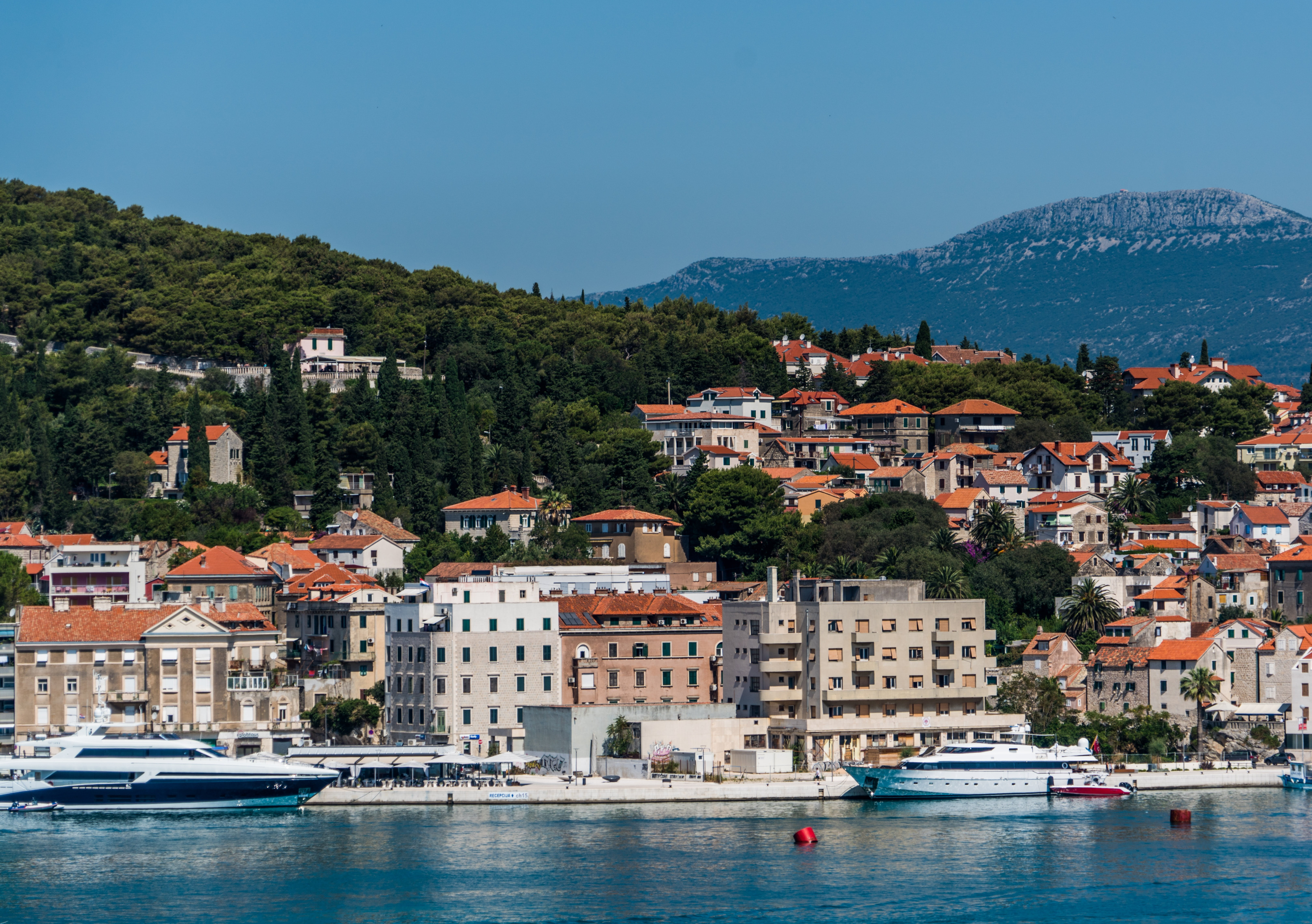 sailboat, passenger craft, architecture, adriatic, summer, medieval, community, mode of transportation, mountains, landscape, waterfront, colorful, building, HD Wallpaper