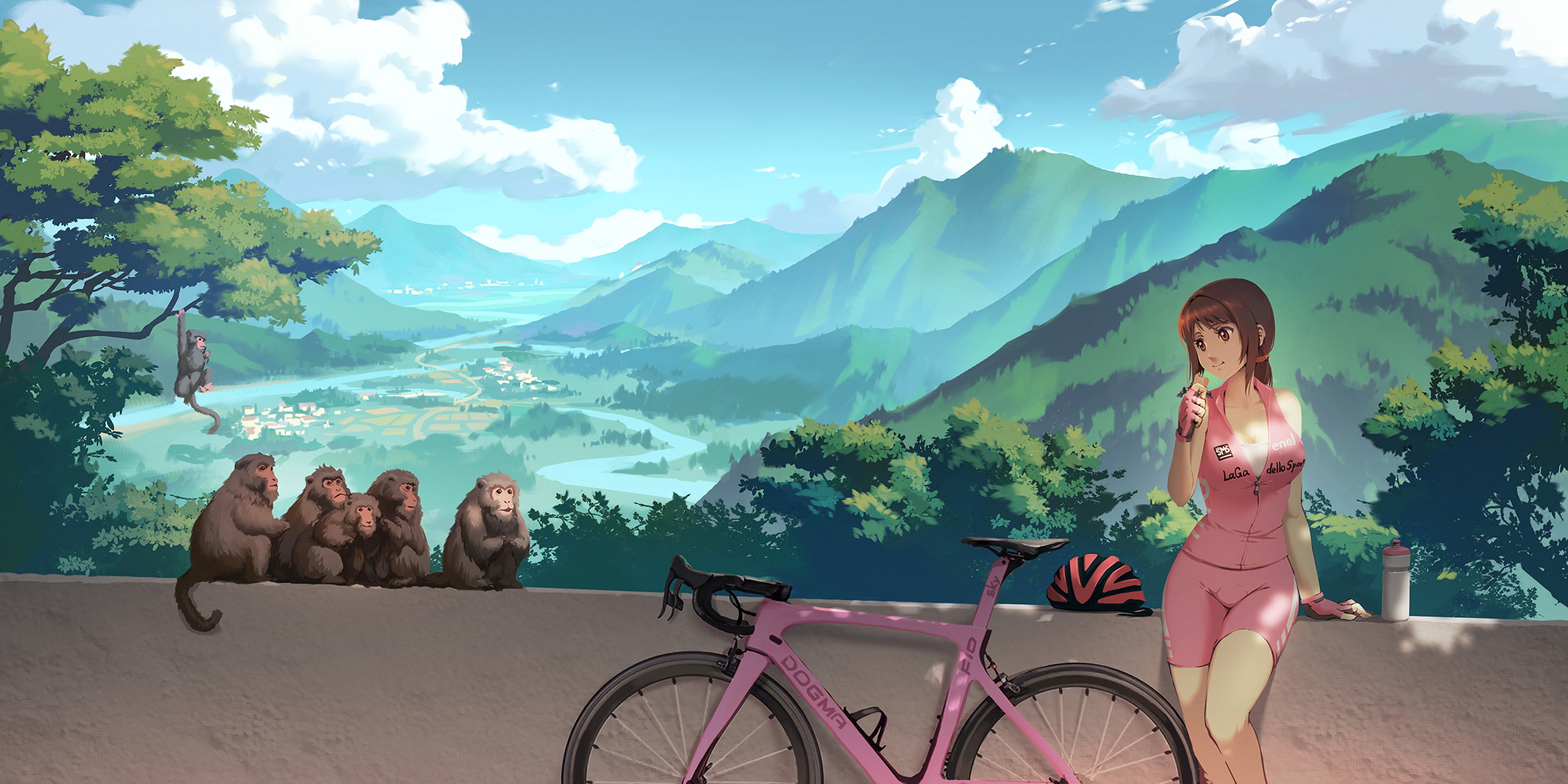 bicycle, brown eyes, Bike shorts, 4K, brunette, food, shorts, ponytail, tight clothing, HD Wallpaper