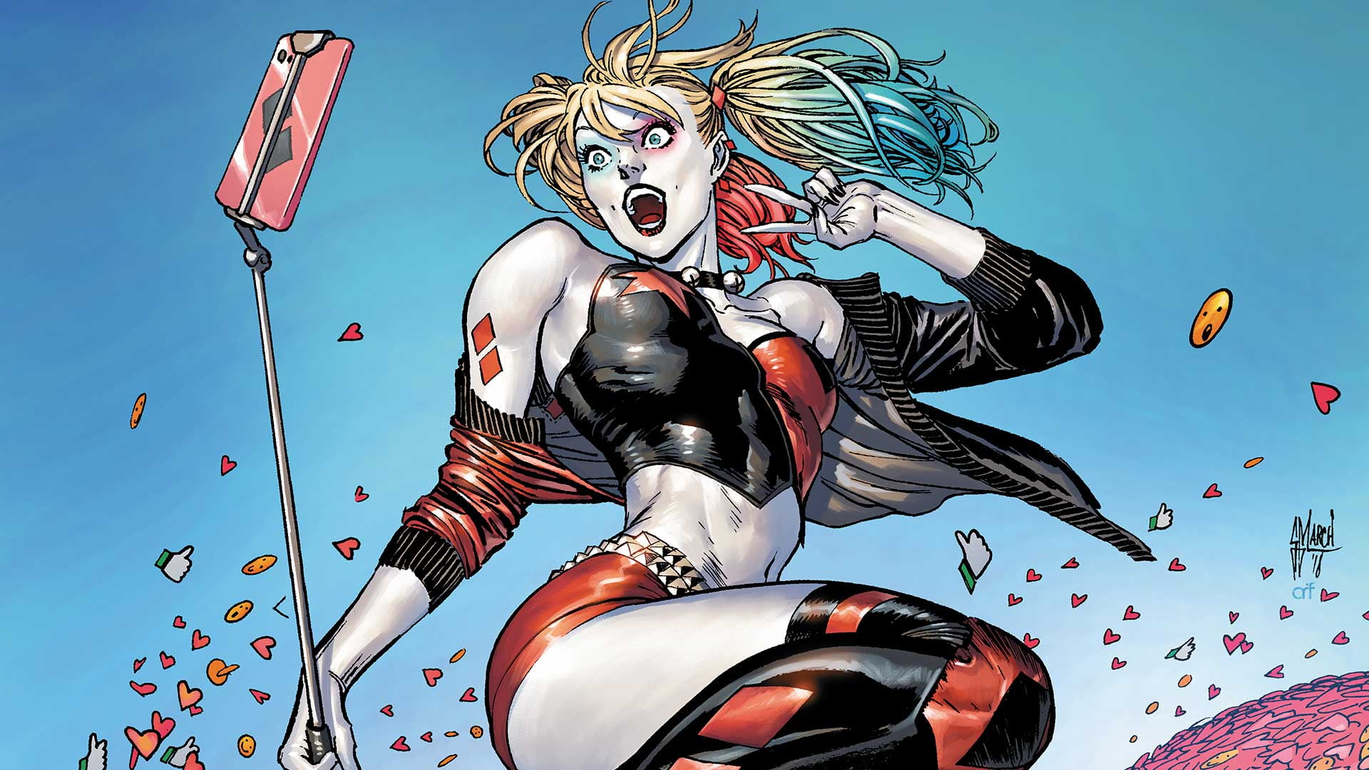 DC Comics, tight shorts, women, dyed hair, superhero, selfies, artwork, Harley Quinn, fantasy girl, shorts, short shorts, fantasy art, tight clothes, comic art, HD Wallpaper